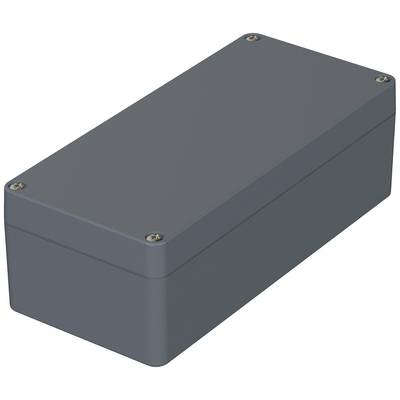 Un boîtier rectangulaire gris avec quatre vis aux angles.