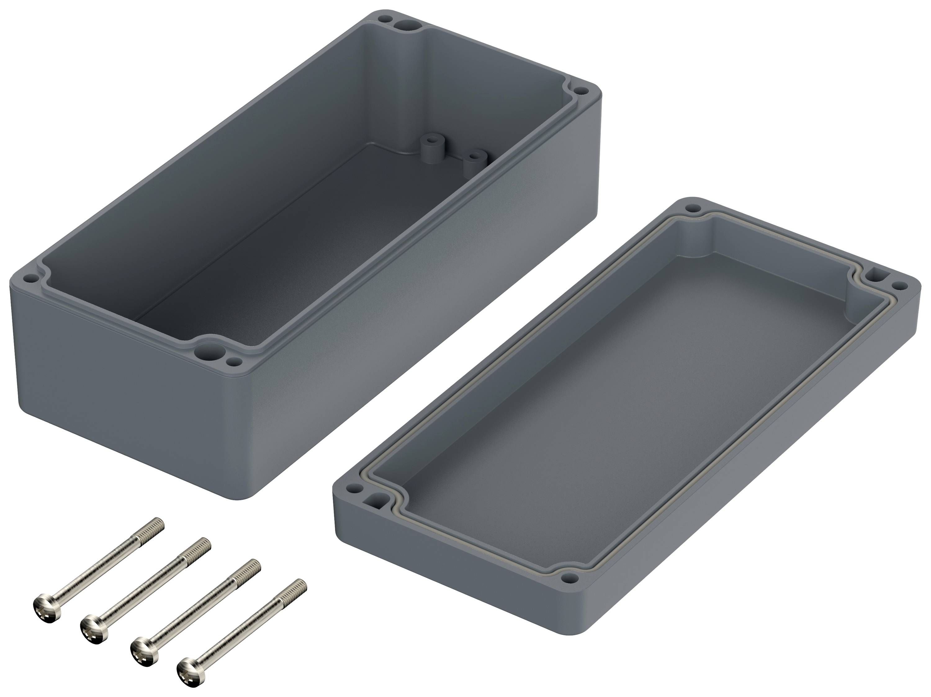 Un boîtier en plastique gris rectangulaire en deux parties, présenté ouvert. Quatre vis métalliques sont disposées à côté.