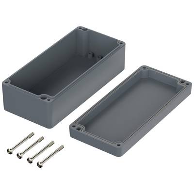 Un boîtier en plastique gris rectangulaire en deux parties, présenté ouvert. Quatre vis métalliques sont disposées à côté.