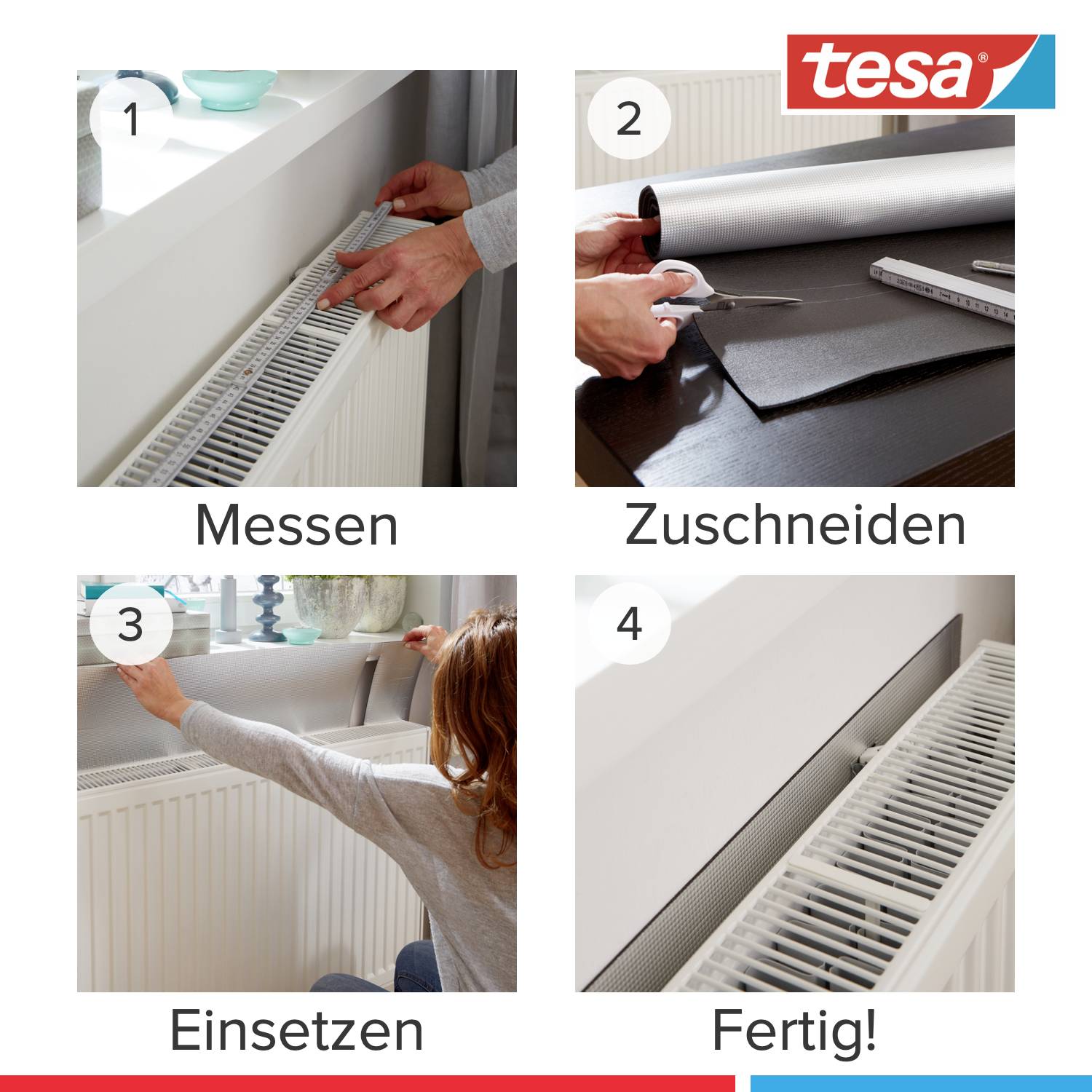 'Quatre étapes pour installer un réflecteur thermique Tesa : Mesurer, Découper, Installer, Terminé !'