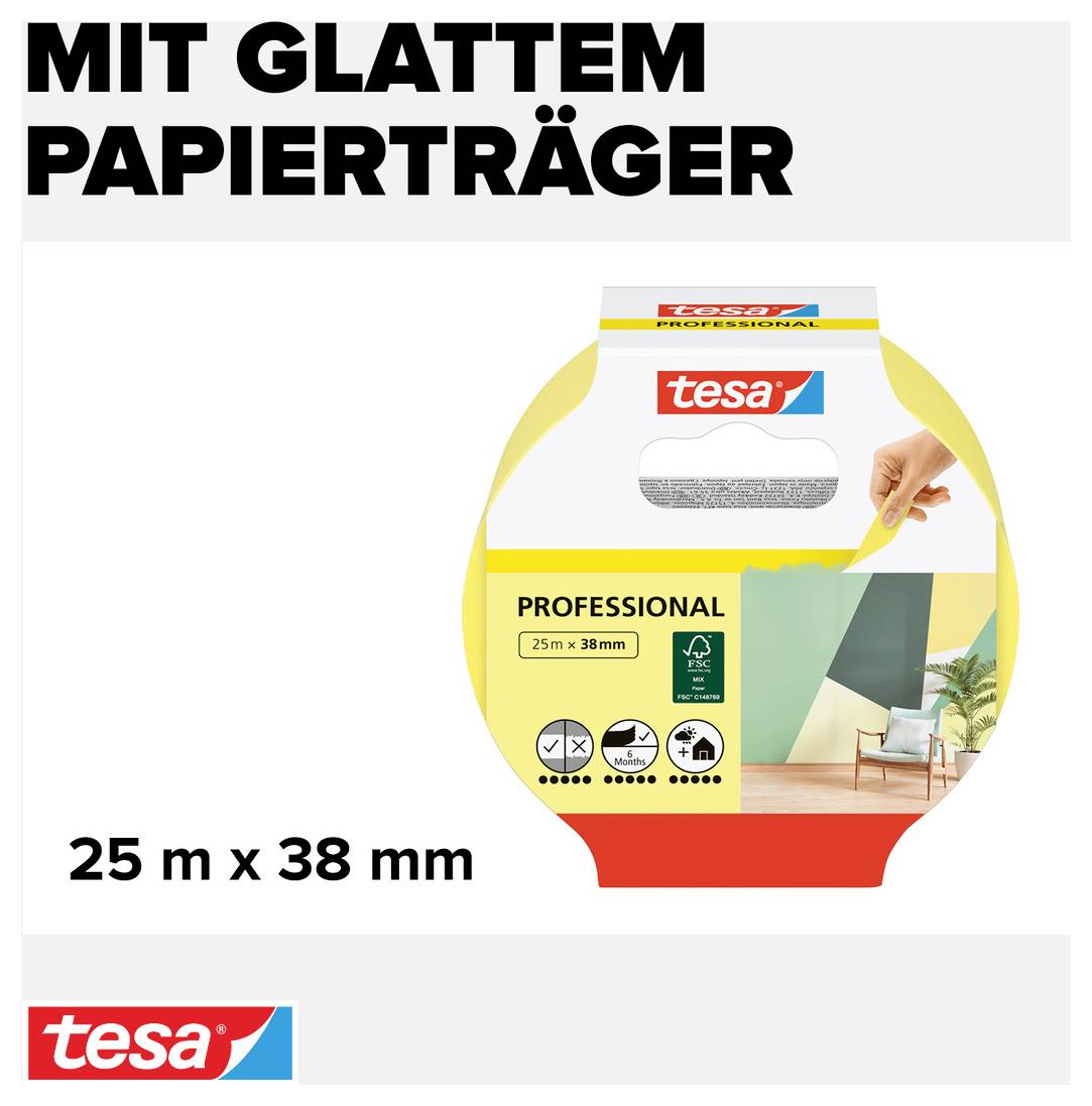 'Emballage de produit pour ruban de masquage Tesa Professional, 25 m x 38 mm, avec support en papier lisse et image d'un mur peint.'