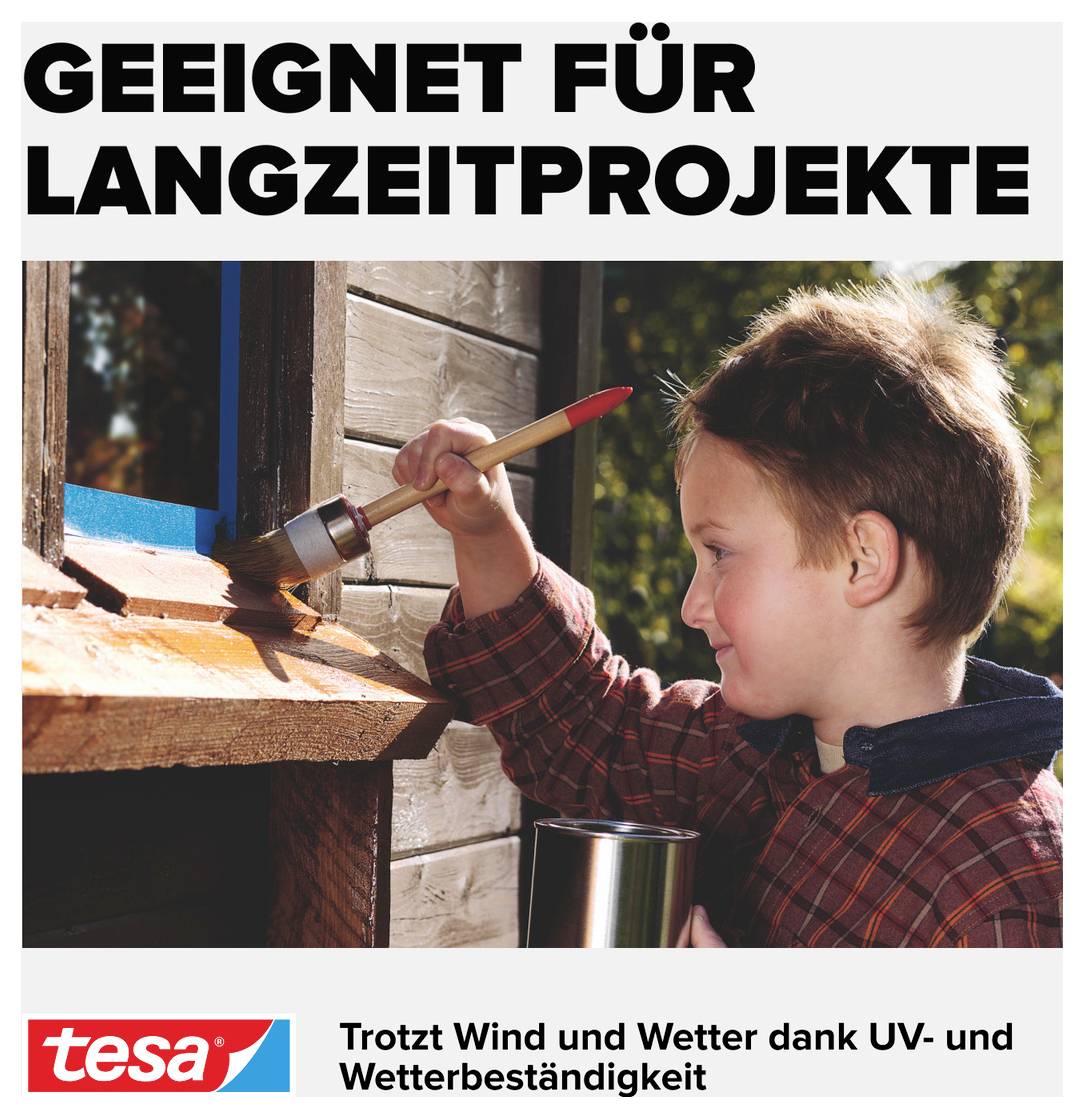 Un enfant peint un cadre de fenêtre en bois avec un pinceau. Texte : « Adapté aux projets de longue durée. Résiste au vent et aux intempéries grâce à sa résistance aux UV et aux conditions météorologiques. » Logo tesa.