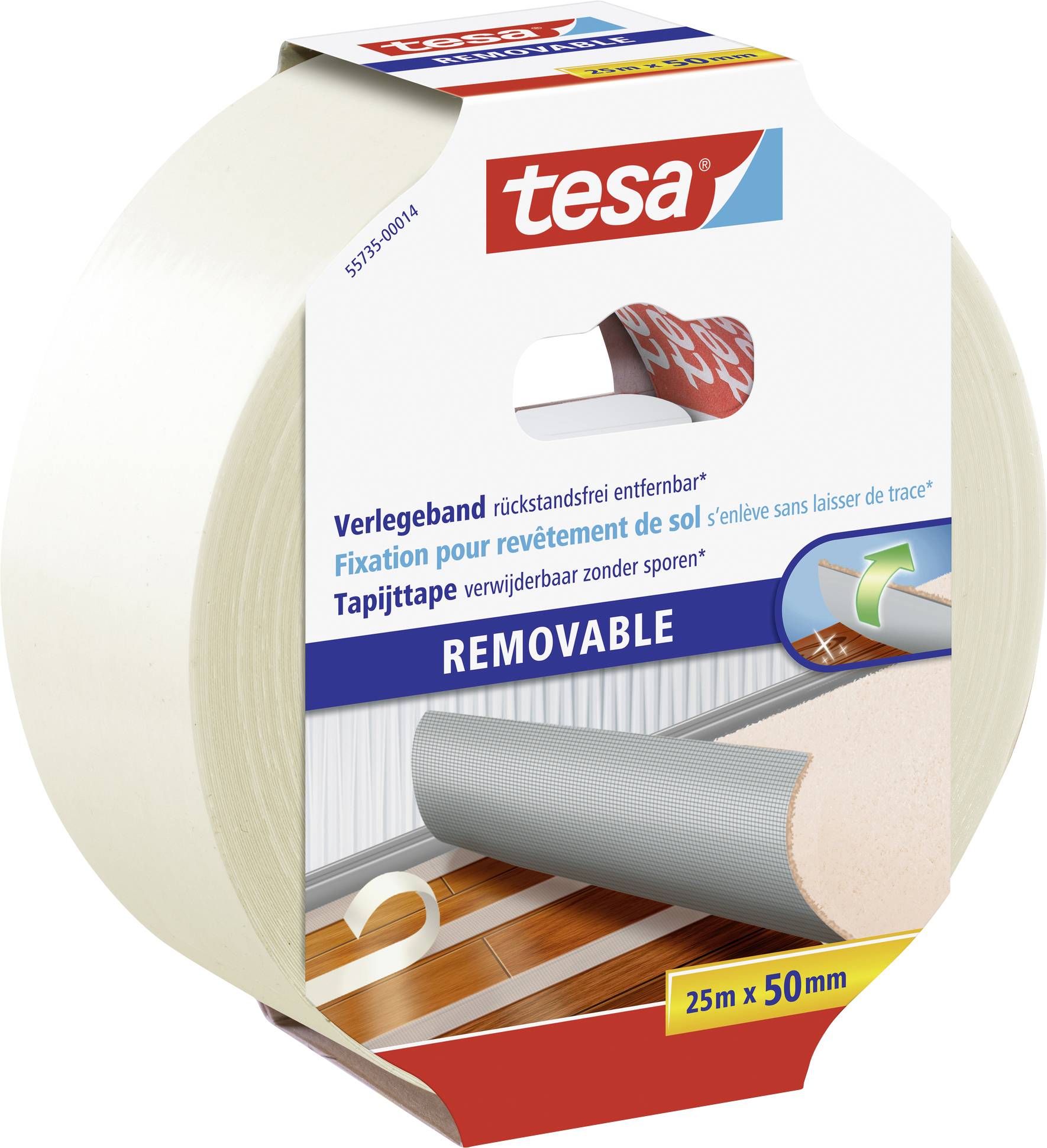 Rouleau de ruban de pose, 25m x 50mm, pour la fixation sans résidu de revêtements de sol, repositionnable. Emballage blanc avec des teintes de rouge et de bleu.