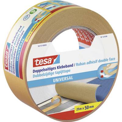 Rouleau de ruban adhésif double face de la marque 'tesa', 25 m x 50 mm. L'emballage présente les possibilités d'utilisation sur différentes surfaces.