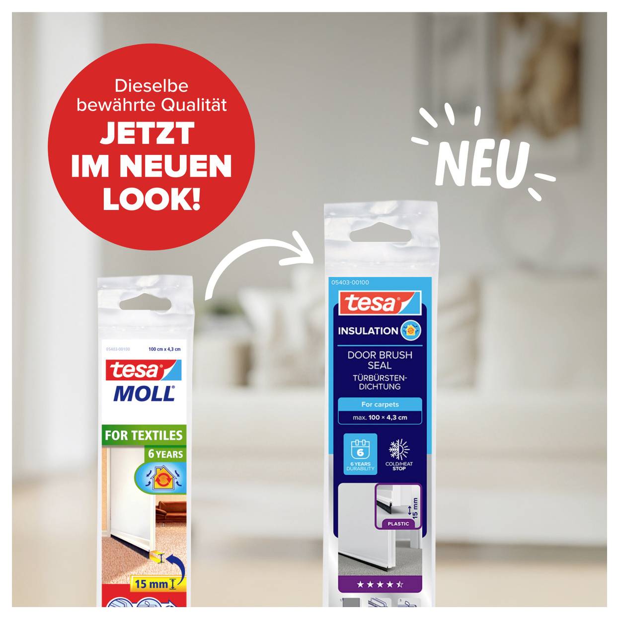 « La même qualité éprouvée maintenant avec un nouveau look ! » montre deux produits tesa. À gauche : joint textile, à droite : joint de brosse de porte.