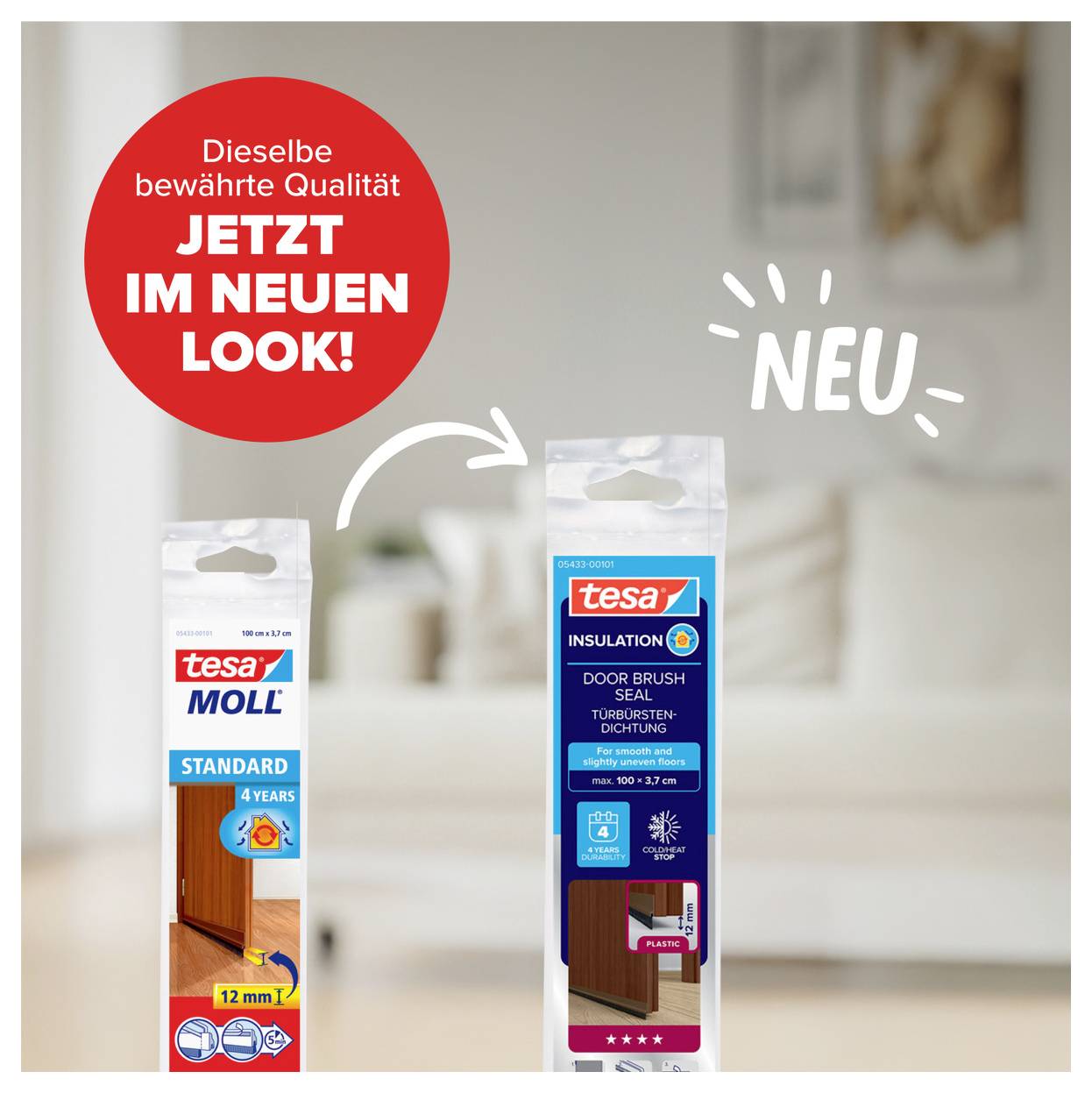 Deux joints Tesa dans un nouvel emballage : Tesa Moll Standard pour 4 ans et Tesa Insulation pour portes avec indicateur de température.