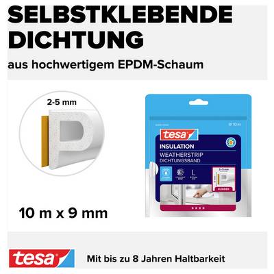 Ruban d'étanchéité autoadhésif de tesa avec mousse EPDM, longueur 10 m, largeur 9 mm; tient jusqu'à 8 ans; pour fenêtres et portes.