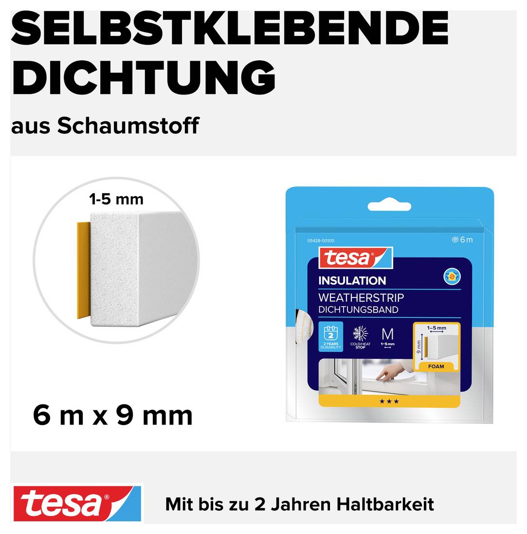 Bande d'étanchéité auto-adhésive en mousse, 1-5 mm et 6 m x 9 mm, offre une durabilité jusqu'à 2 ans. Contient des images de produits.