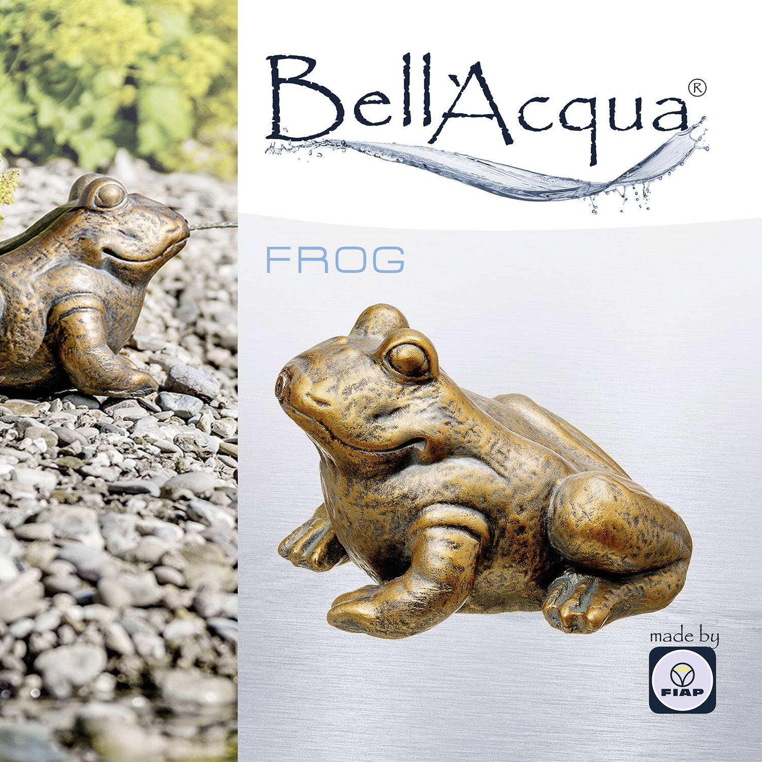 Grenouille 'BellAcqua' en métal, positionnée sur des galets. Logo et fabricant 'FIAP' affichés. Sculpture décorative de jardin.