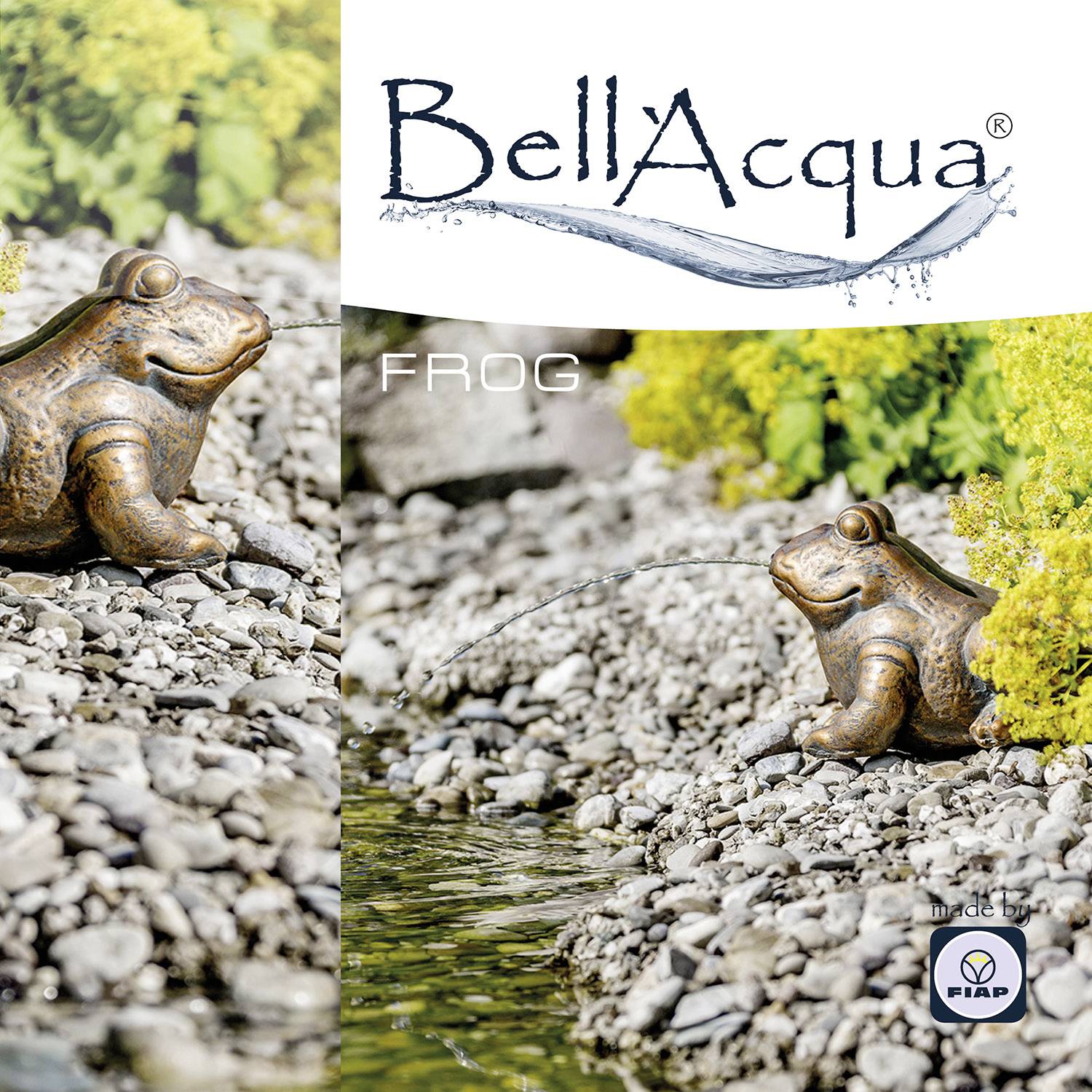 Statue de pierre d'une grenouille crachant de l'eau. Environnement de gravier et de plantes. Nom de marque 'BellAcqua'.