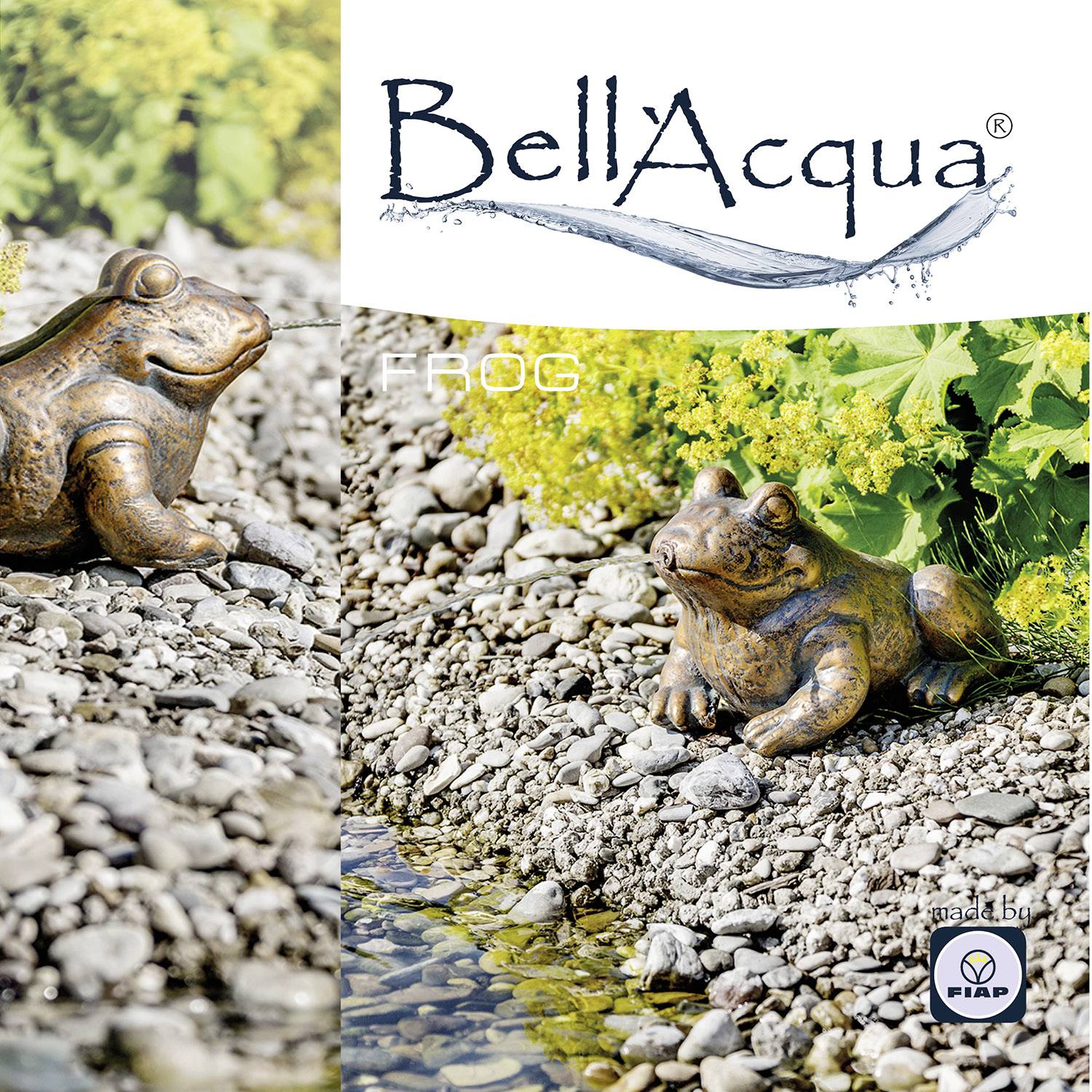Statue en bronze d'une grenouille assise sur des pierres à côté de fleurs jaunes portant l'inscription 'Bell Acqua'.