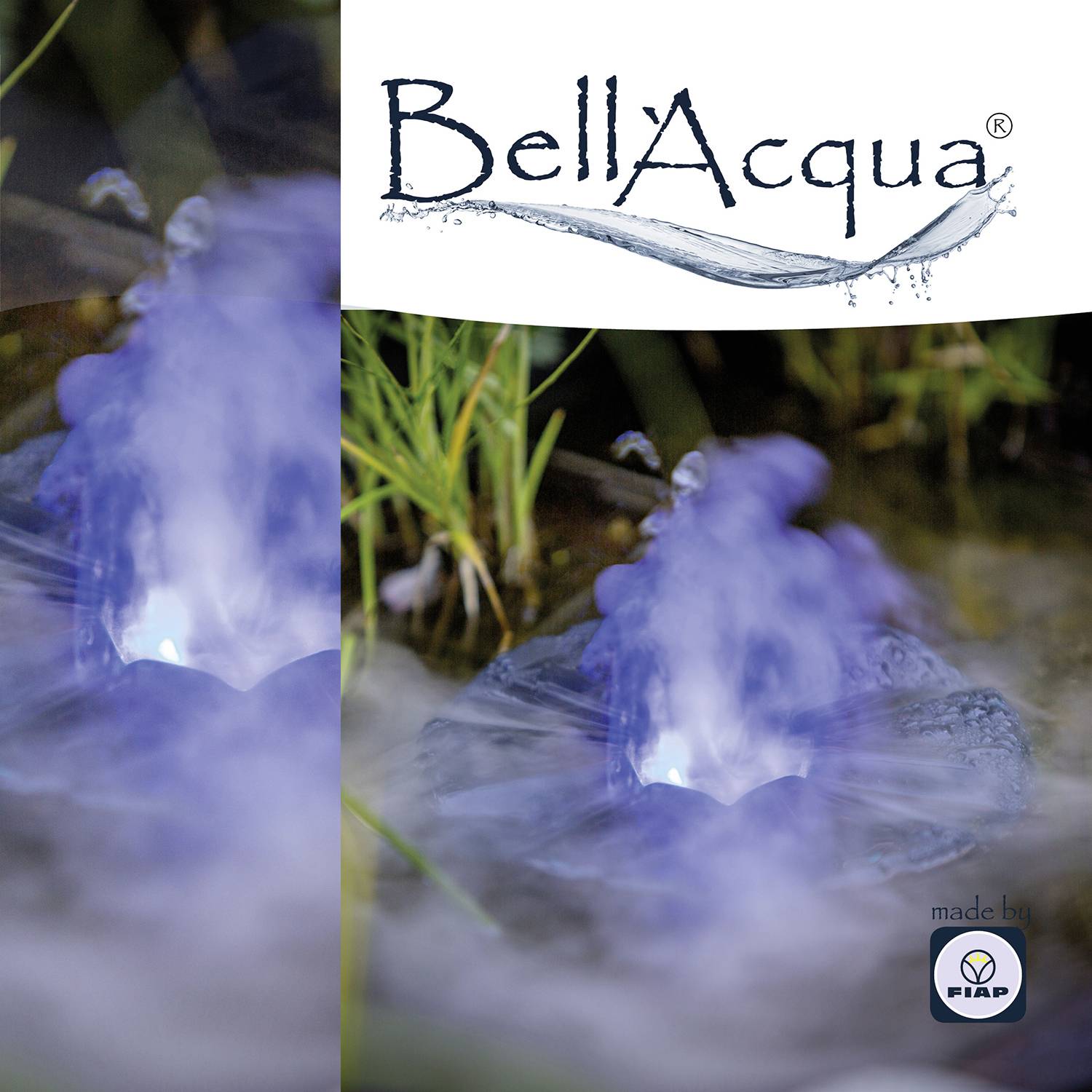 Logo « BellAcqua » en haut. Image d'une fontaine à bulles avec de l'herbe et du feuillage en arrière-plan. Icône « Fabriqué par FIAP » en bas.