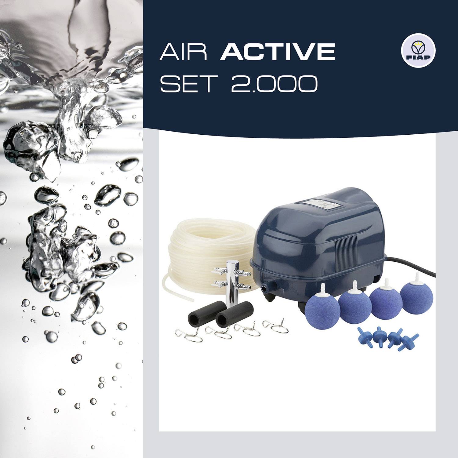 Kit de pompe à air avec boîtier bleu, trois pierres à air et tuyaux. À côté d'une image de bulles d'eau. Logo FIAP en haut à droite.