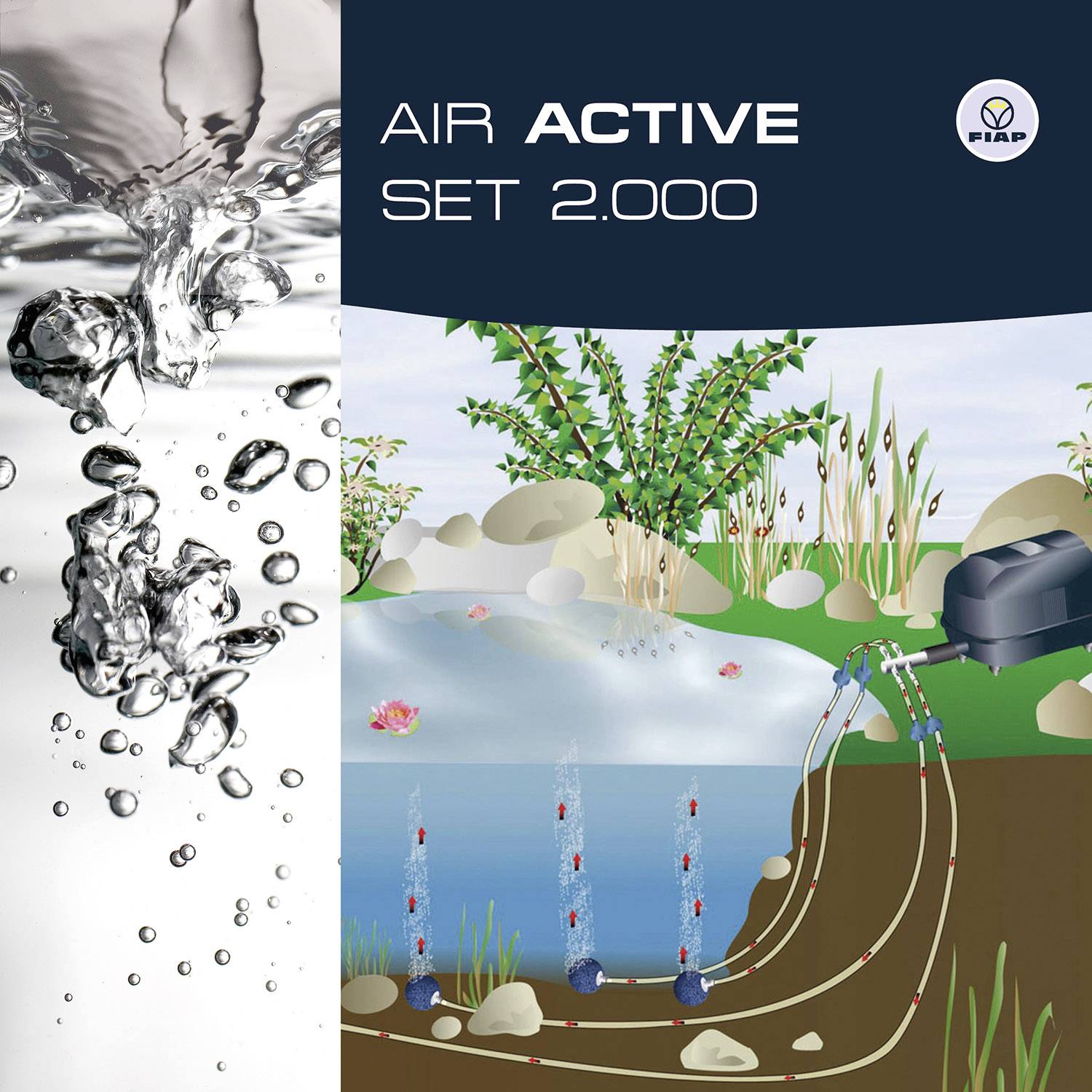 Un ensemble d'aérateur d'étang à côté d'un bassin de jardin fleuri. Des bulles d'air sont visibles à gauche dans l'eau, le logo Fiap à droite.