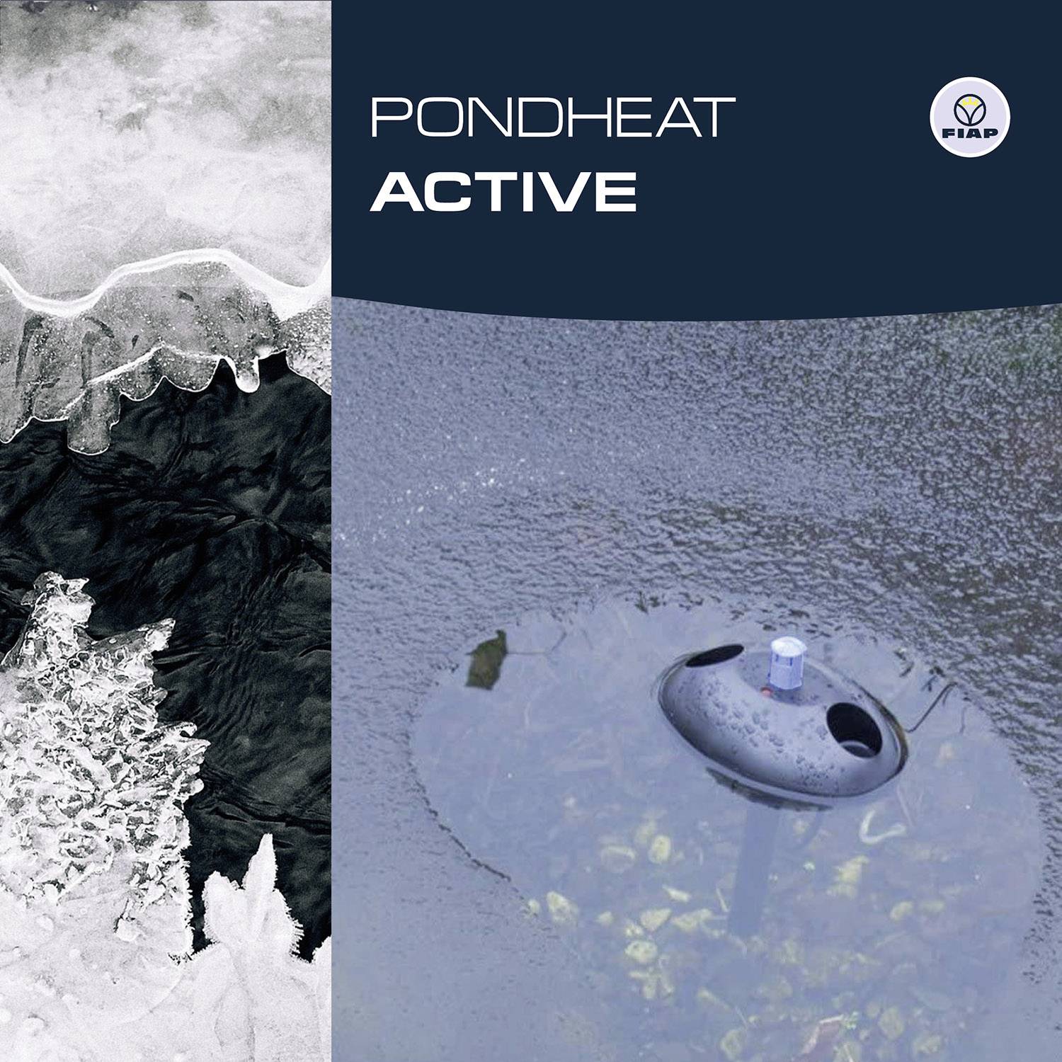 Appareil 'PONDHEAT ACTIVE' placé dans l'étang, entouré de glace fondue. En arrière-plan, on aperçoit un environnement partiellement gelé.