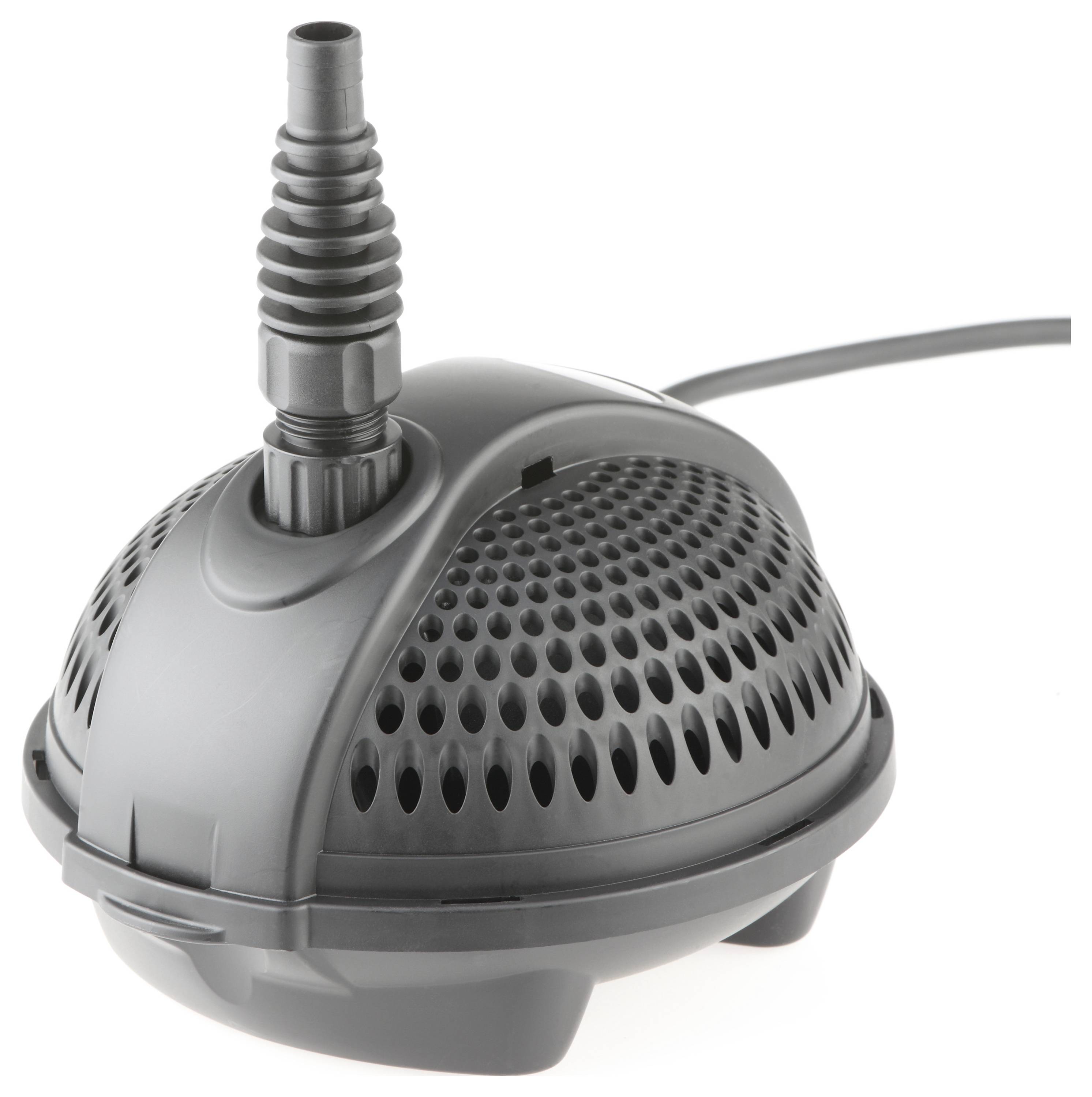Une pompe à eau noire, de forme dôme, avec un bec cannelé et un cordon d'alimentation, conçue pour les étangs ou les plans d'eau, présentant sa prise d'eau recouverte d'un maillage.