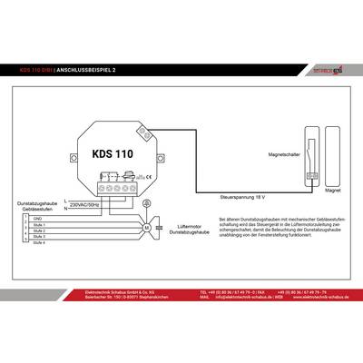 'Schéma de câblage d'un moteur de ventilateur (KDS 110) avec interrupteur à contact magnétique. Possibilités de connexion et spécifications techniques présentées.'
