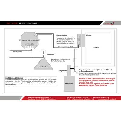 Exemple de raccordement pour KDS 110 DIBI avec aimant, fenêtre, moteur de ventilation et surveillance de la température des gaz d'échappement. Description du fonctionnement dans le schéma.