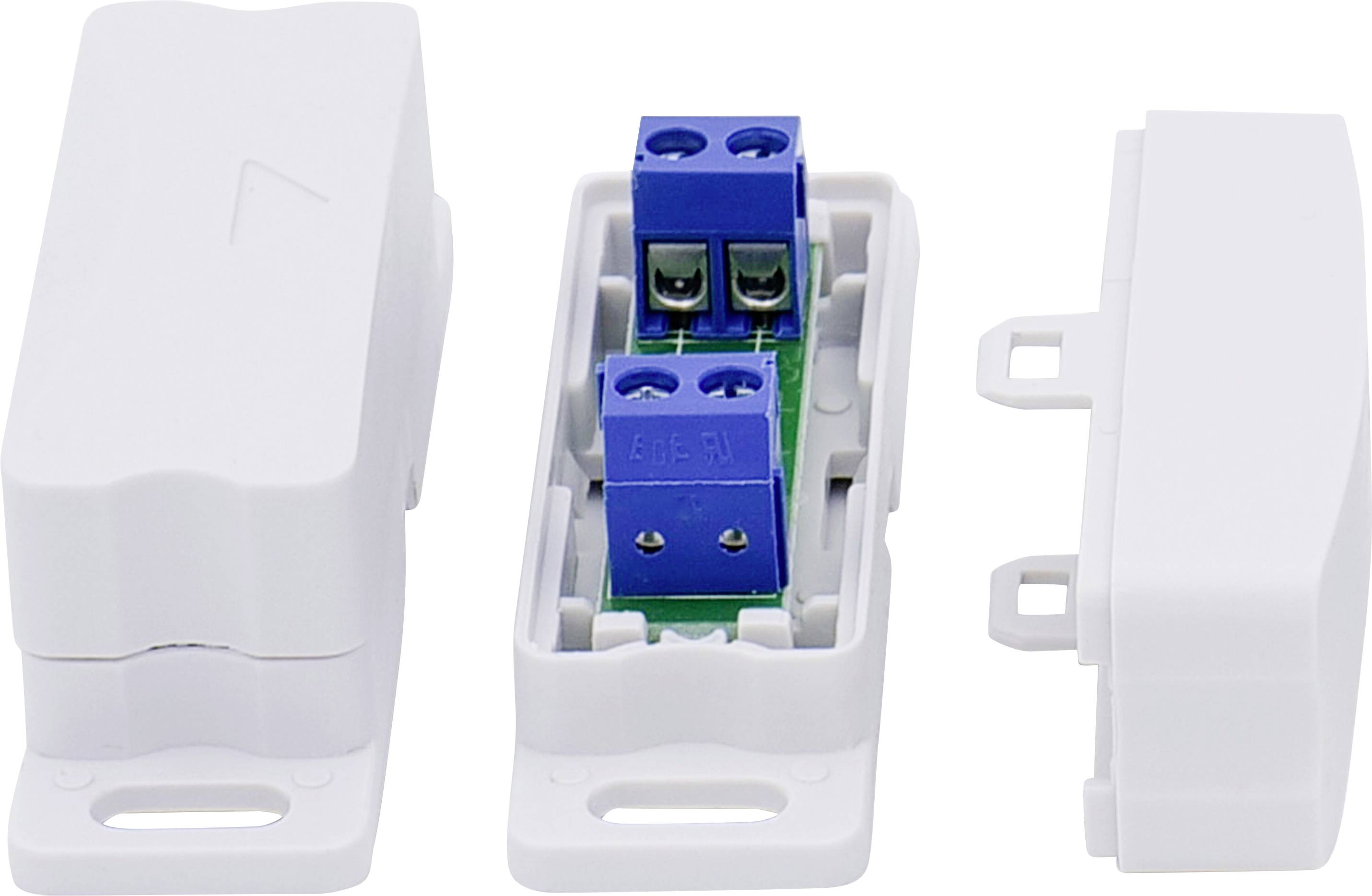 Un couvercle et un fond de boîtier en plastique blanc avec un bloc de bornes bleu au centre, adapté pour les connexions électriques.