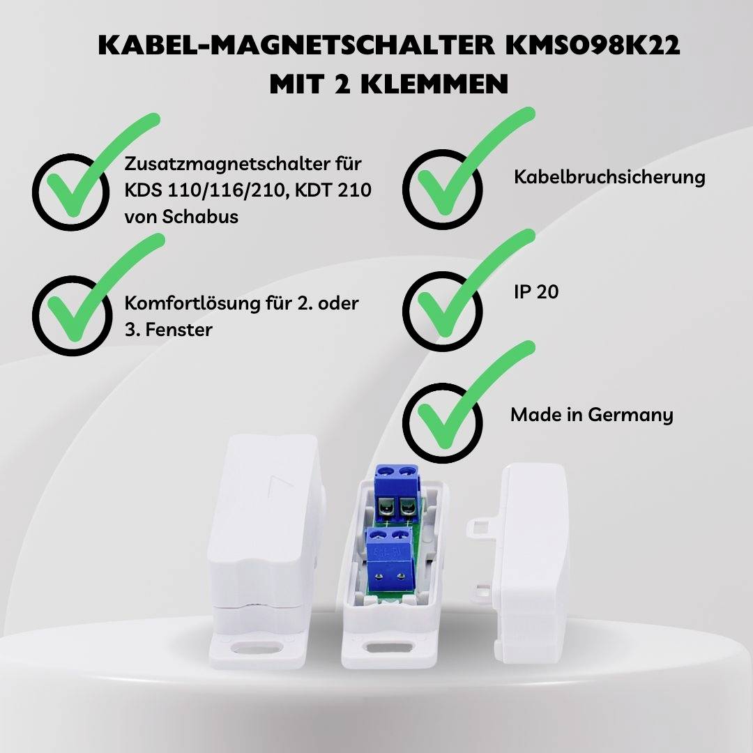 'Commutateur magnétique à câble KMS098K22 avec 2 bornes. Caractéristiques : Contacteur magnétique supplémentaire, sécurité anti-rupture de câble, IP20, Fabriqué en Allemagne.'