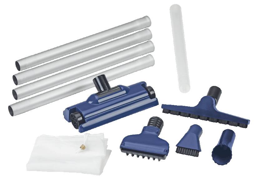 Kit d'accessoires pour aspirateur avec tubes d'extension, têtes de nettoyage et un sac de remplacement, tous les composants en bleu et noir.
