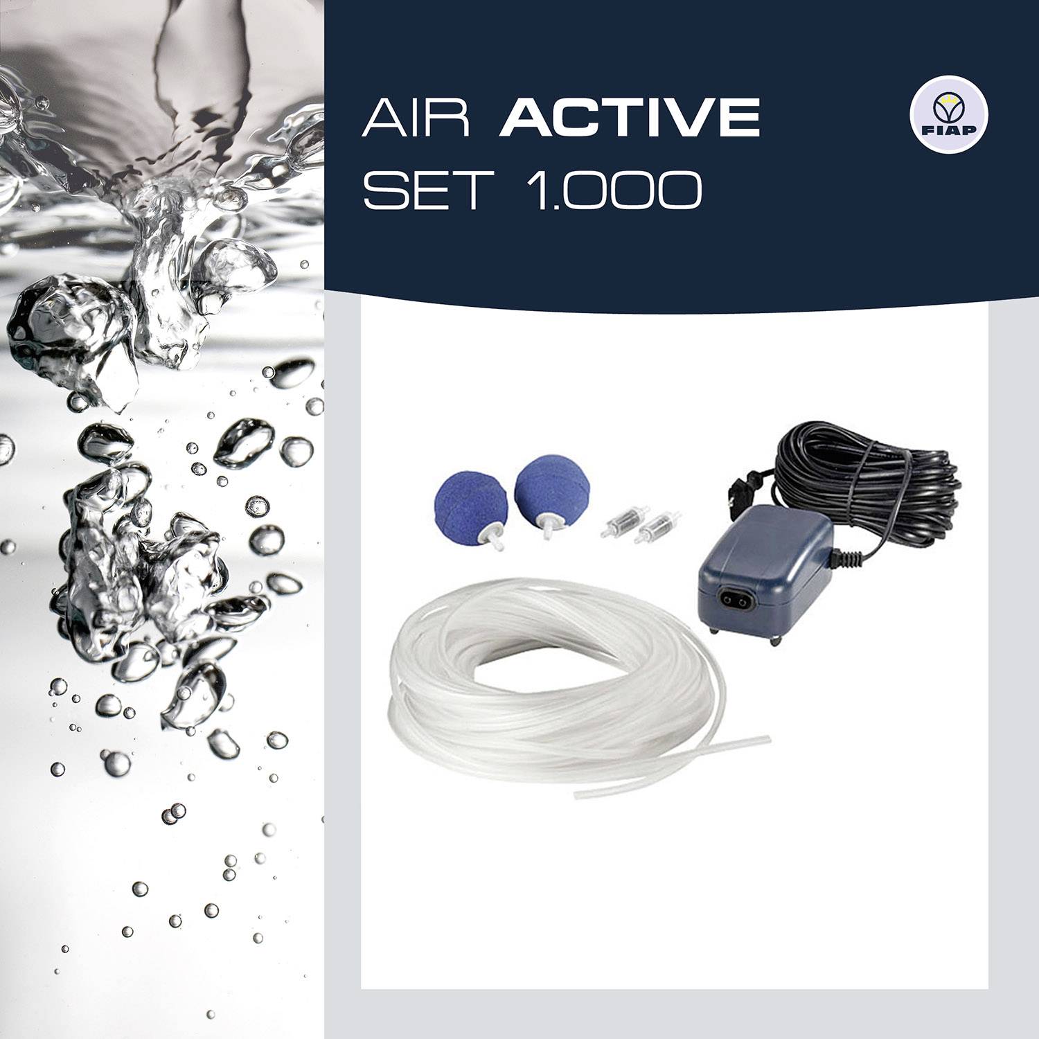 "AIR ACTIVE SET 1.000" présente un système d'aération pour aquarium avec pompe, tuyaux et pierres à bulles. À gauche, des bulles d'eau.