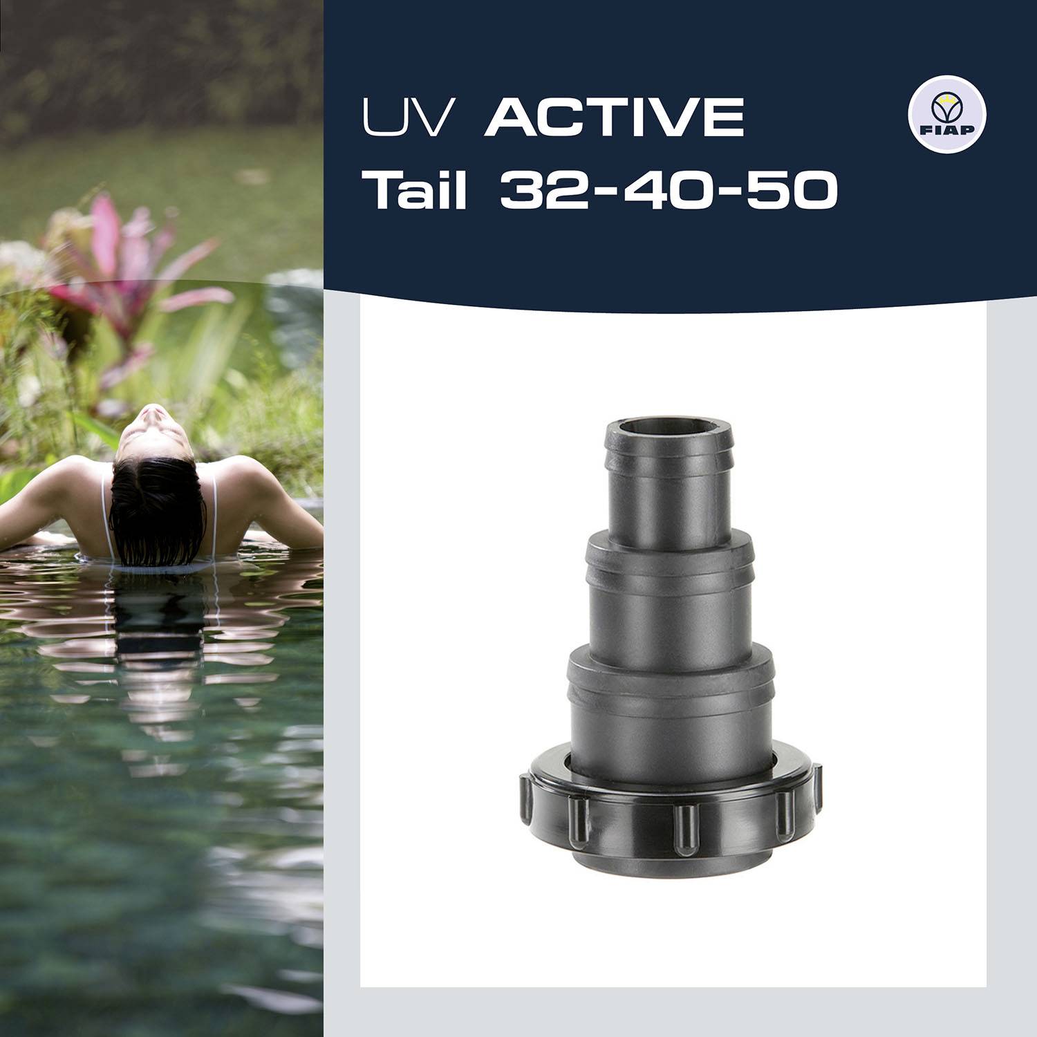 Sur l'emballage d'un accessoire de piscine, situé à côté d'une image illustrant la détente aquatique, on peut lire en évidence « UV Active Tail 32-40-50 ».