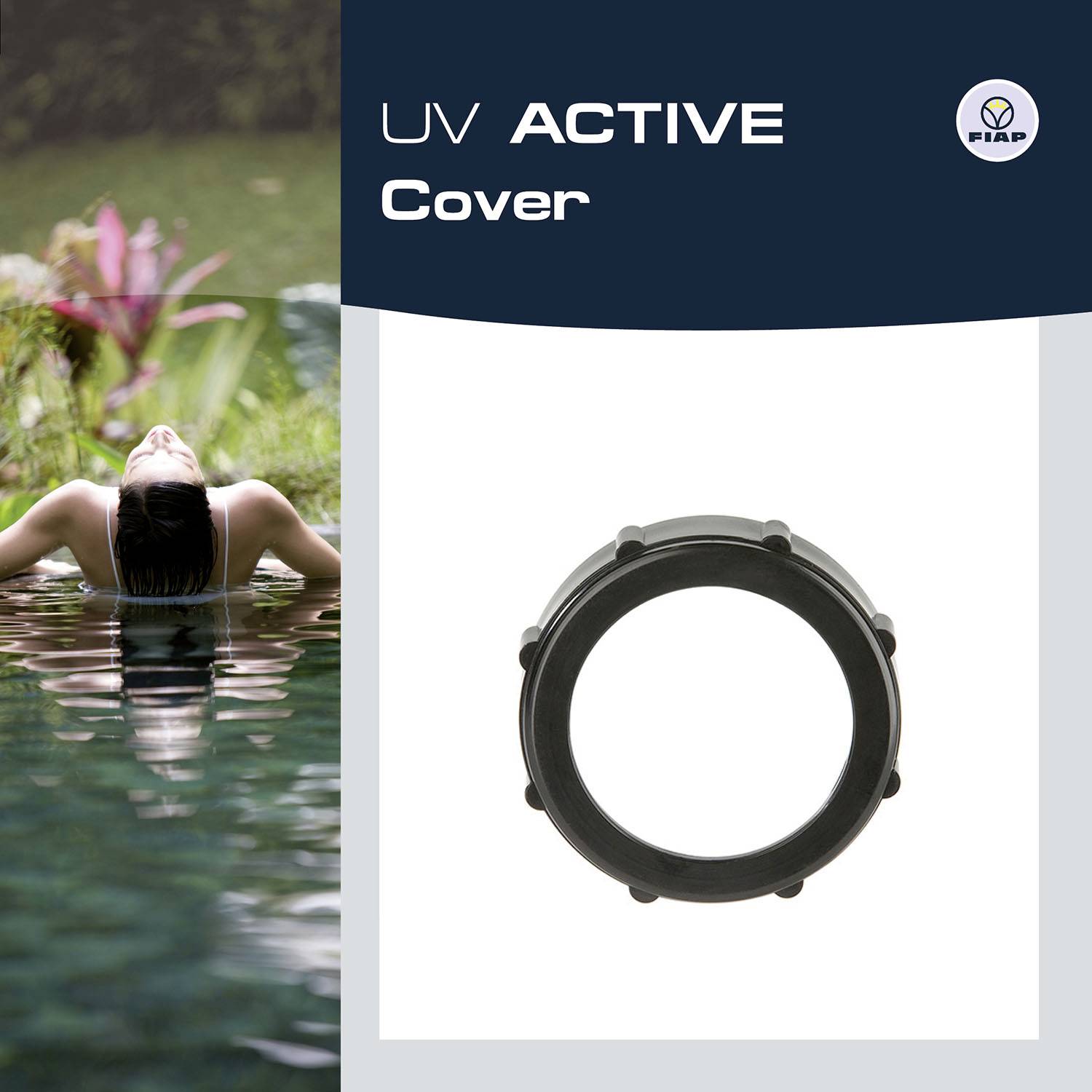 L'image du produit 'UV ACTIVE Cover' montre un cadre noir circulaire et une personne qui flotte dans l'eau. Des fleurs sont visibles en arrière-plan à gauche.