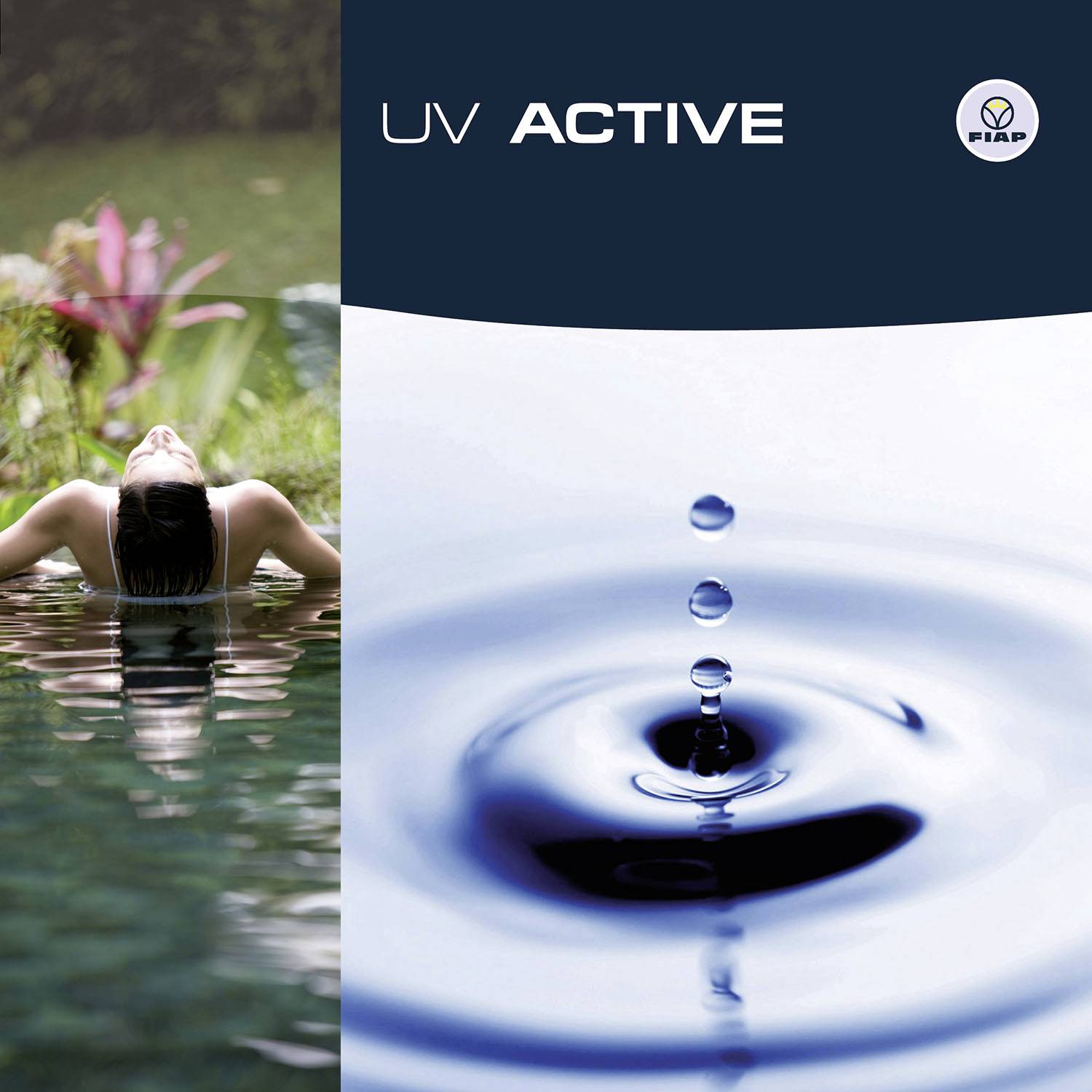 Image publicitaire 'UV Active' avec une personne se détendant dans l'eau à gauche et des gouttes d'eau tombant sur une surface aquatique à droite.