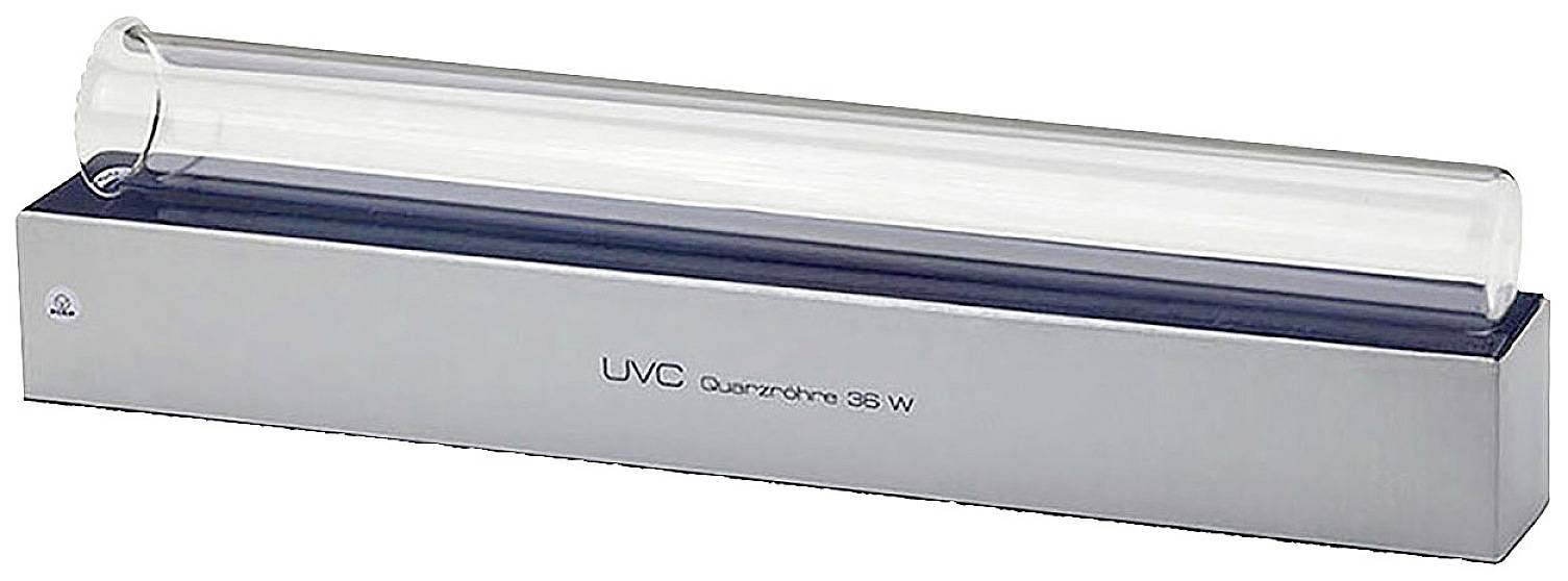 Un appareil de désinfection rectangulaire en tube de quartz UV-C portant l'inscription 'UVC Quarzrohr 36W' sur sa base métallique, utilisé pour la désinfection.