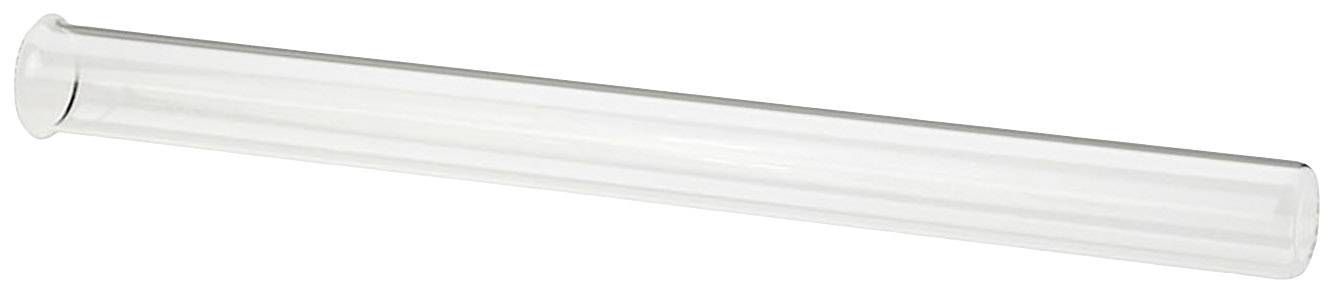 Un tube à essai vide et transparent est posé horizontalement sur un fond blanc.