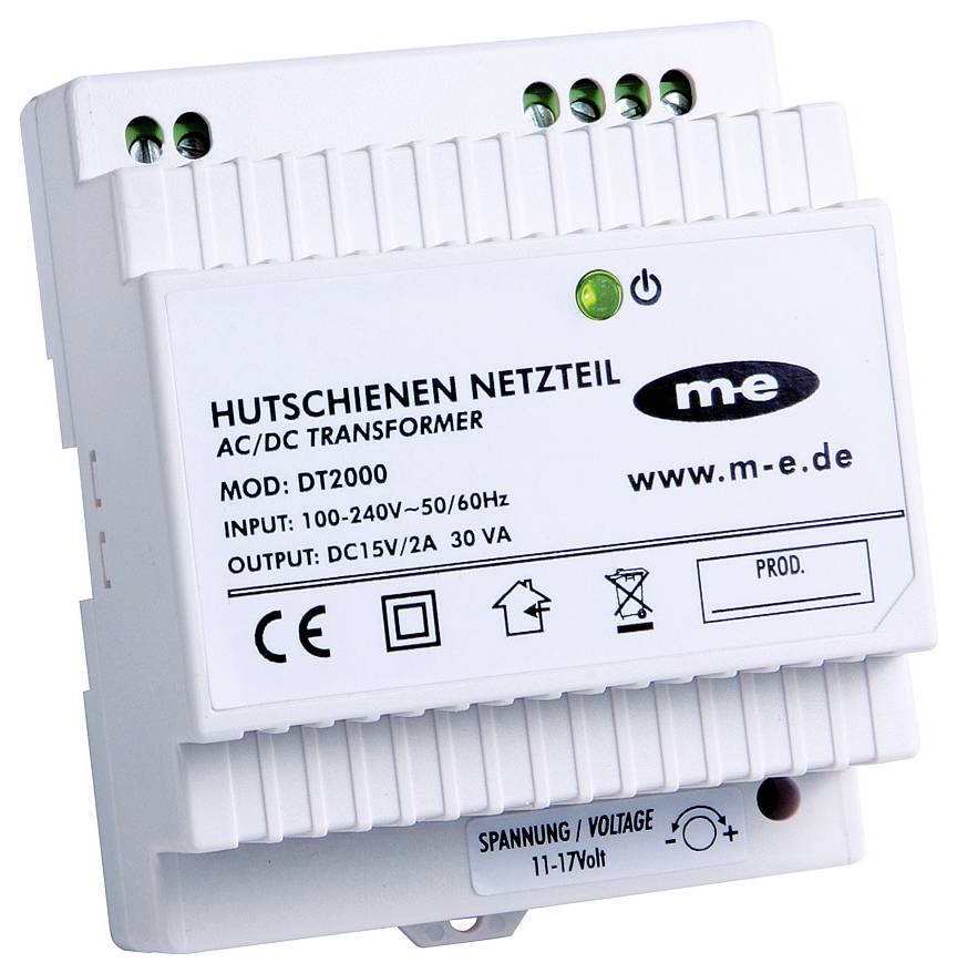 Bloc d'alimentation pour rail DIN 'DT2000' de m-e. Entrée : 100-240V~50/60Hz, Sortie : DC15V/2A, 30 VA. Boîtier en plastique blanc avec marquage CE.