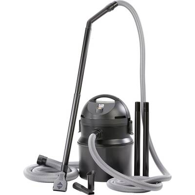 Un aspirateur noir, portable, doté d'un long tuyau flexible et de différentes pièces jointes, conçu pour des tâches de nettoyage polyvalentes.