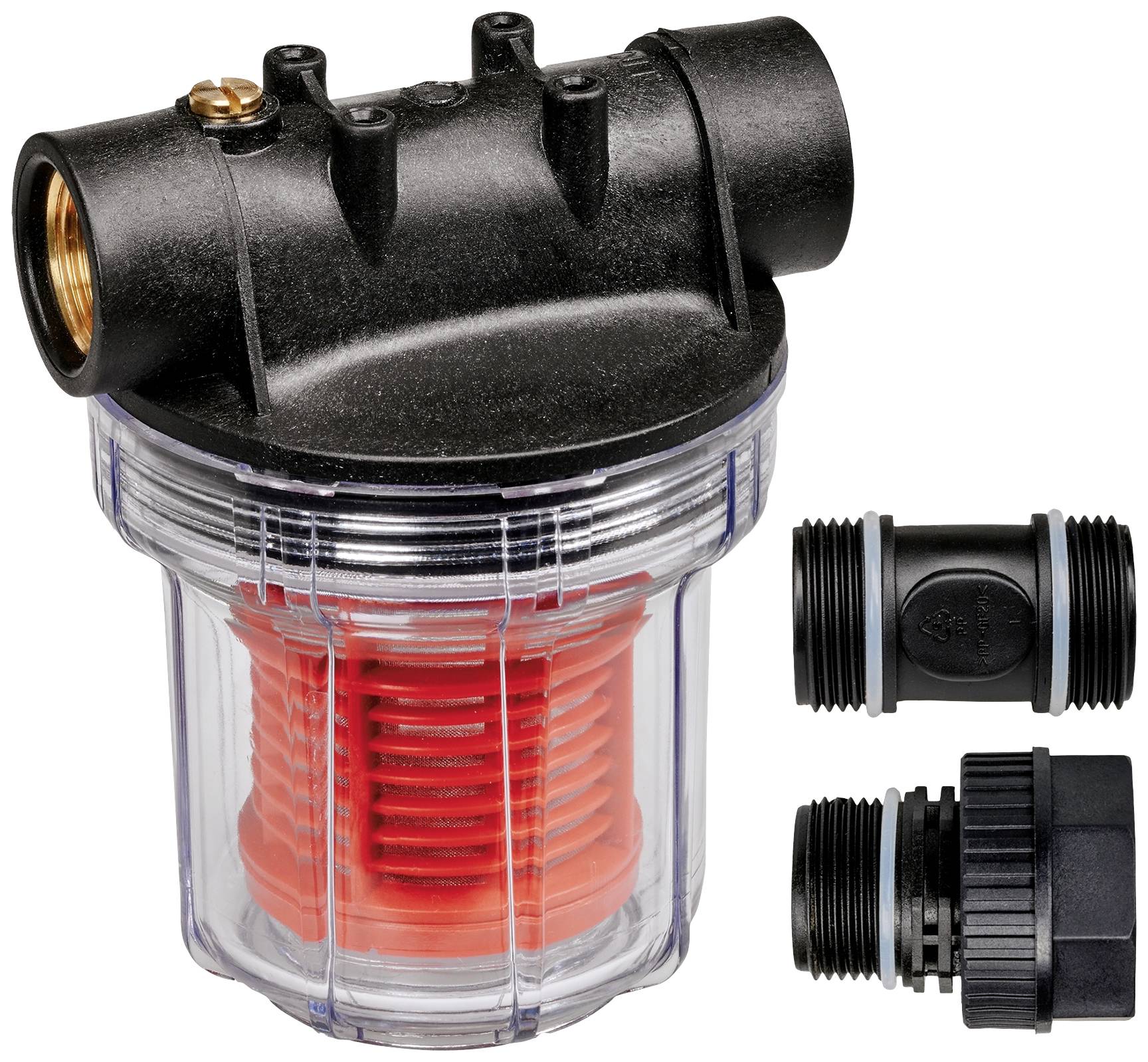 Filtre à eau transparent avec cartouche rouge, raccords en plastique et en métal. Adapté pour la protection des pompes.