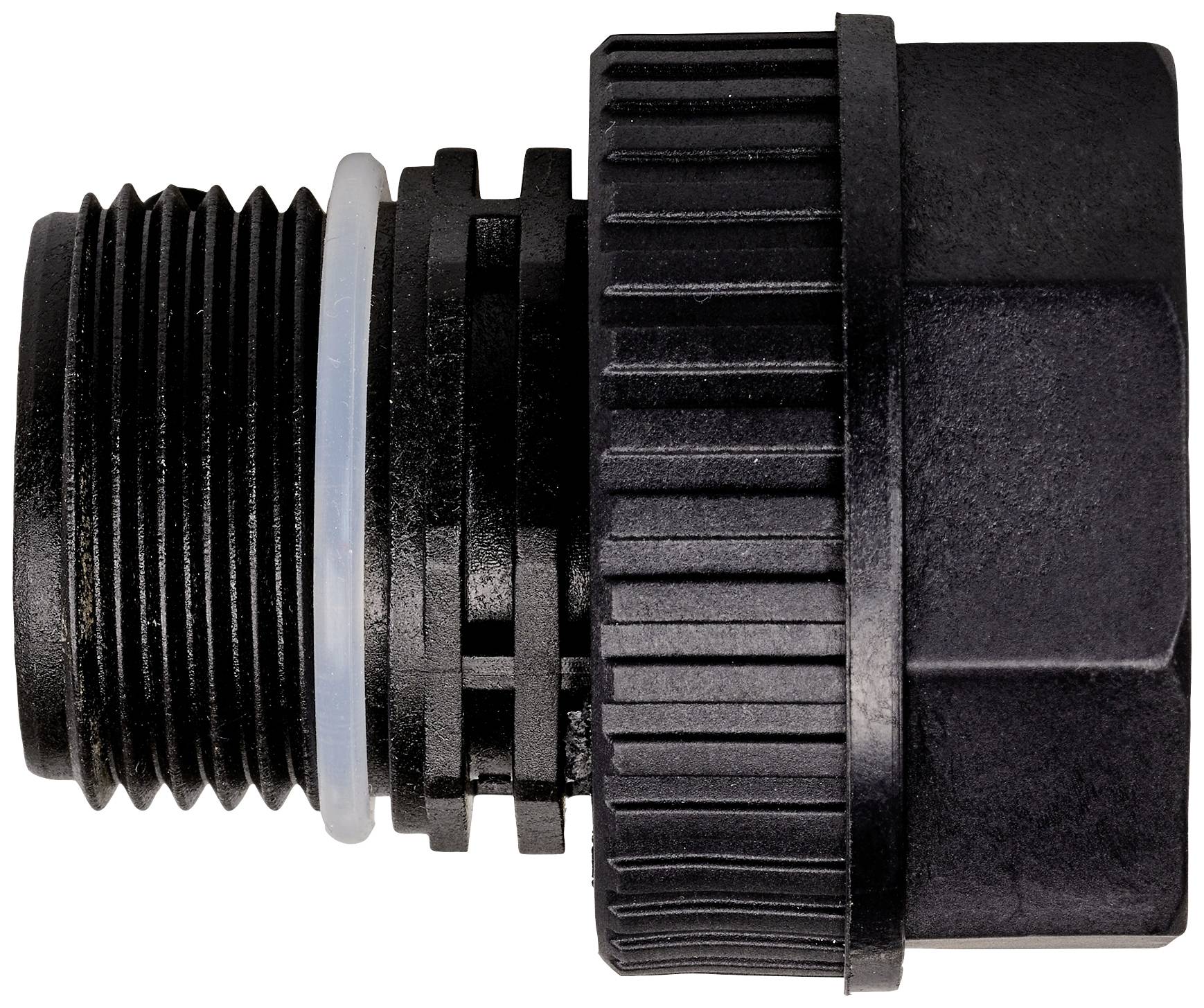 Un raccord en plastique noir fileté avec un joint d'étanchéité, représenté de côté.