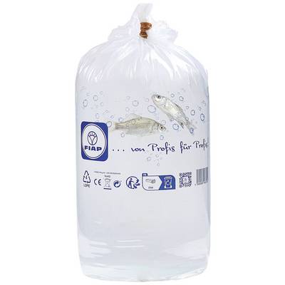 Sachet d'eau transparent contenant des poissons, avec l'inscription « par des professionnels pour des professionnels ». Comprend plusieurs logos et symboles.