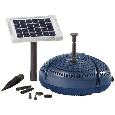 Appareil solaire pour l'aération de bassin avec boîtier bleu, panneau solaire pour l'alimentation électrique et différentes buses pour une utilisation optimale.
