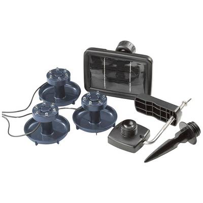 Plusieurs lampes LED rondes bleues pour étang, avec des câbles, reliées à un panneau solaire rectangulaire et un piquet de terre noir.