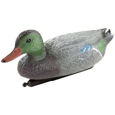 Un canard en plastique détaillé avec une tête verte et un corps gris, représenté de profil.