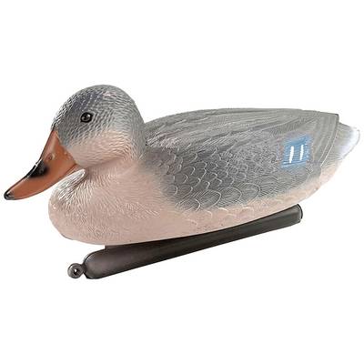 Une leurre de canard réaliste à plumage gris et au bec orange, montée sur un socle sombre.