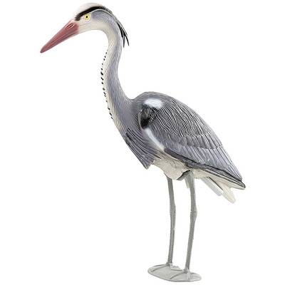 Un modèle d'héron cendré au plumage gris, au long bec rouge et aux yeux jaunes se tient debout.