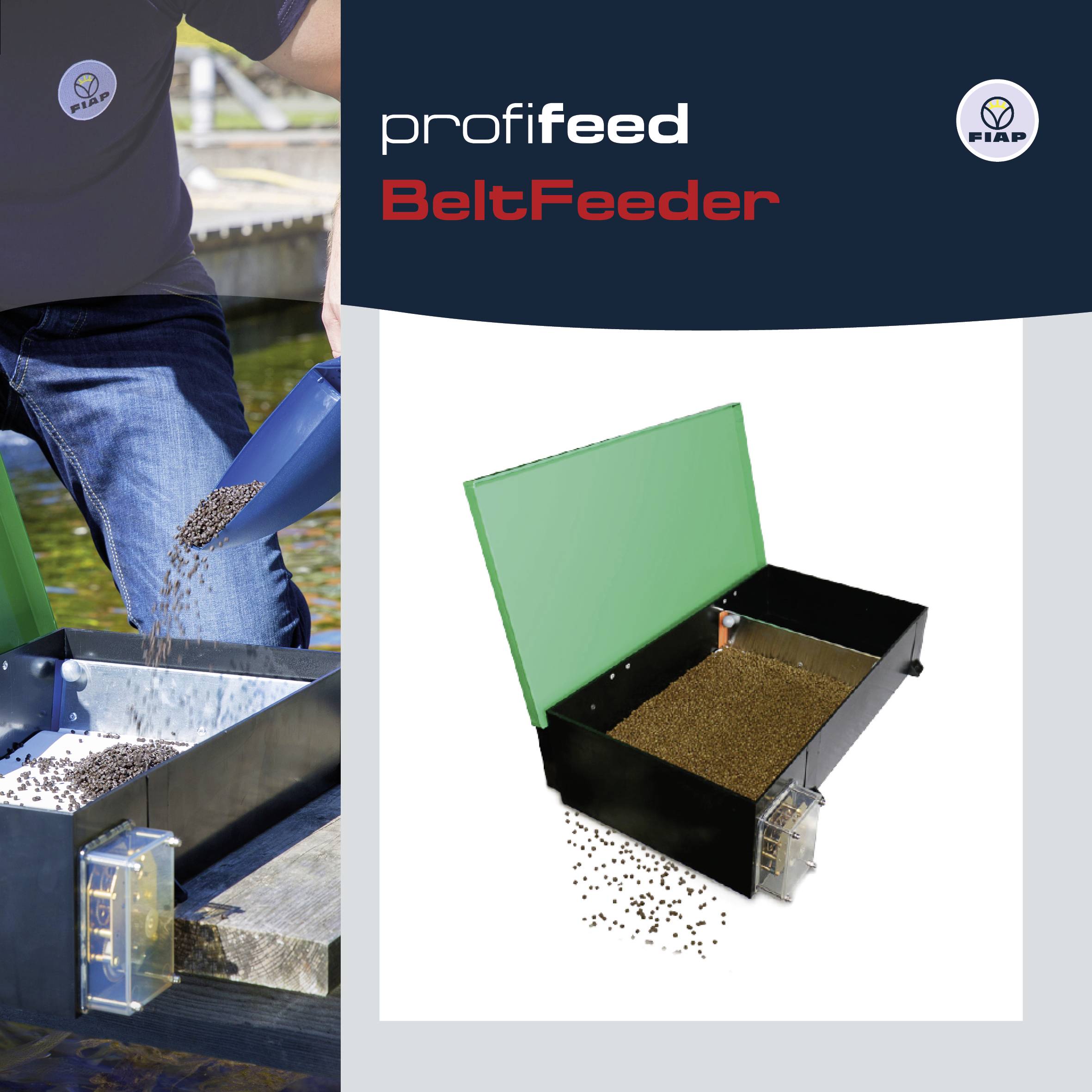 Un homme verse des granulés dans un BeltFeeder ouvert de profifeed. L'appareil a un couvercle vert et une forme carrée.