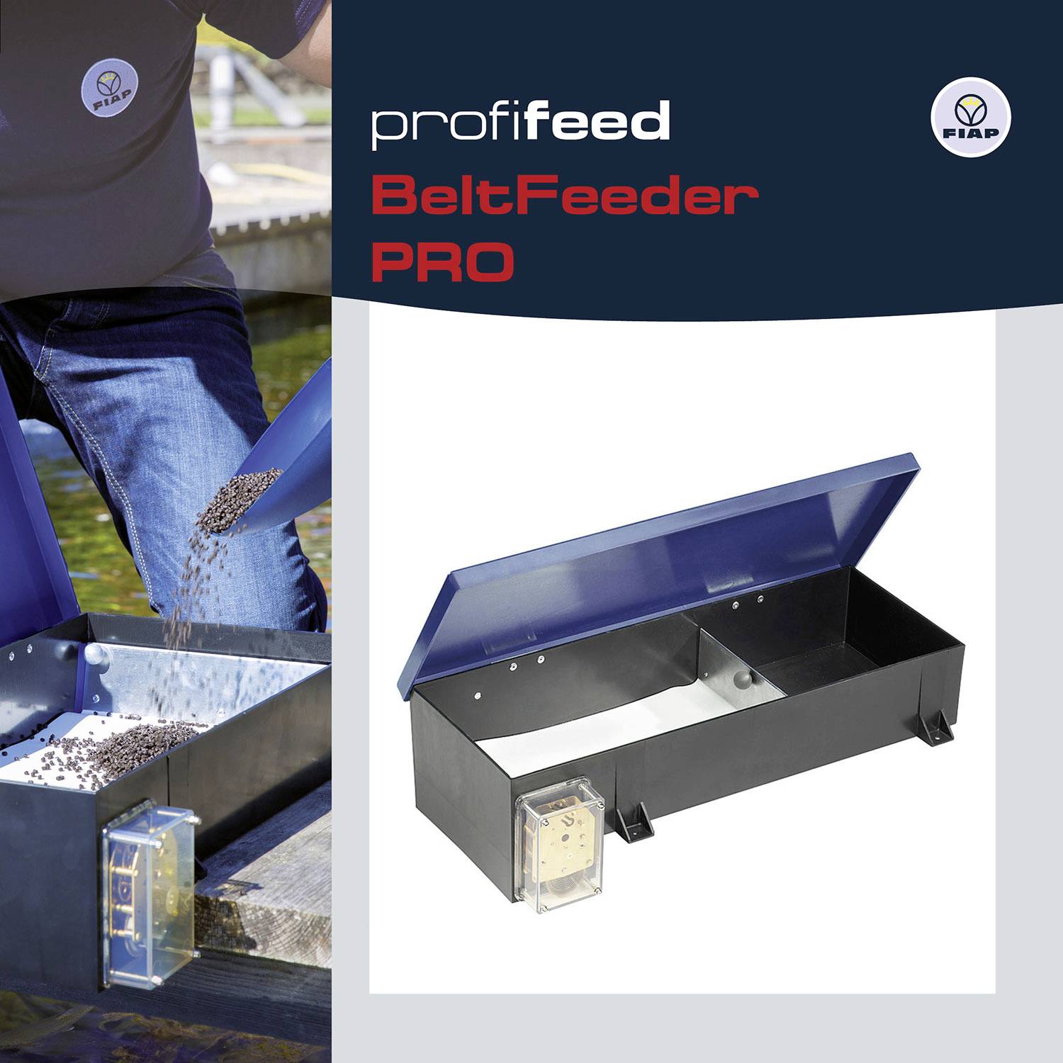 Un appareil avec un couvercle bleu est présenté, utilisé pour disperser de la nourriture dans un réservoir d'eau. Texte : 'profifeed BeltFeeder PRO'.