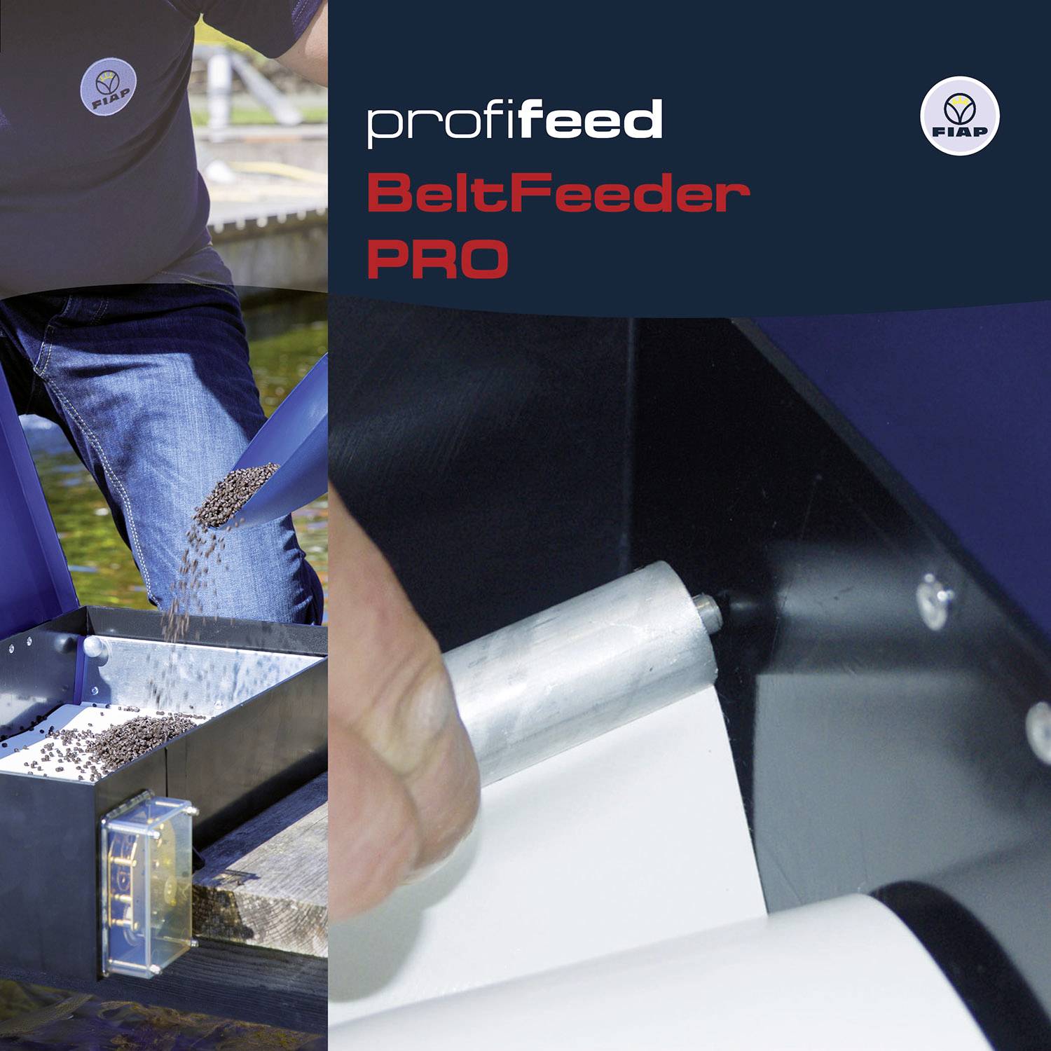 Un homme utilise une machine pour nourrir des poissons. Texte sur l'image : 'profifeed BeltFeeder PRO'. Logo de marque FIAP visible.