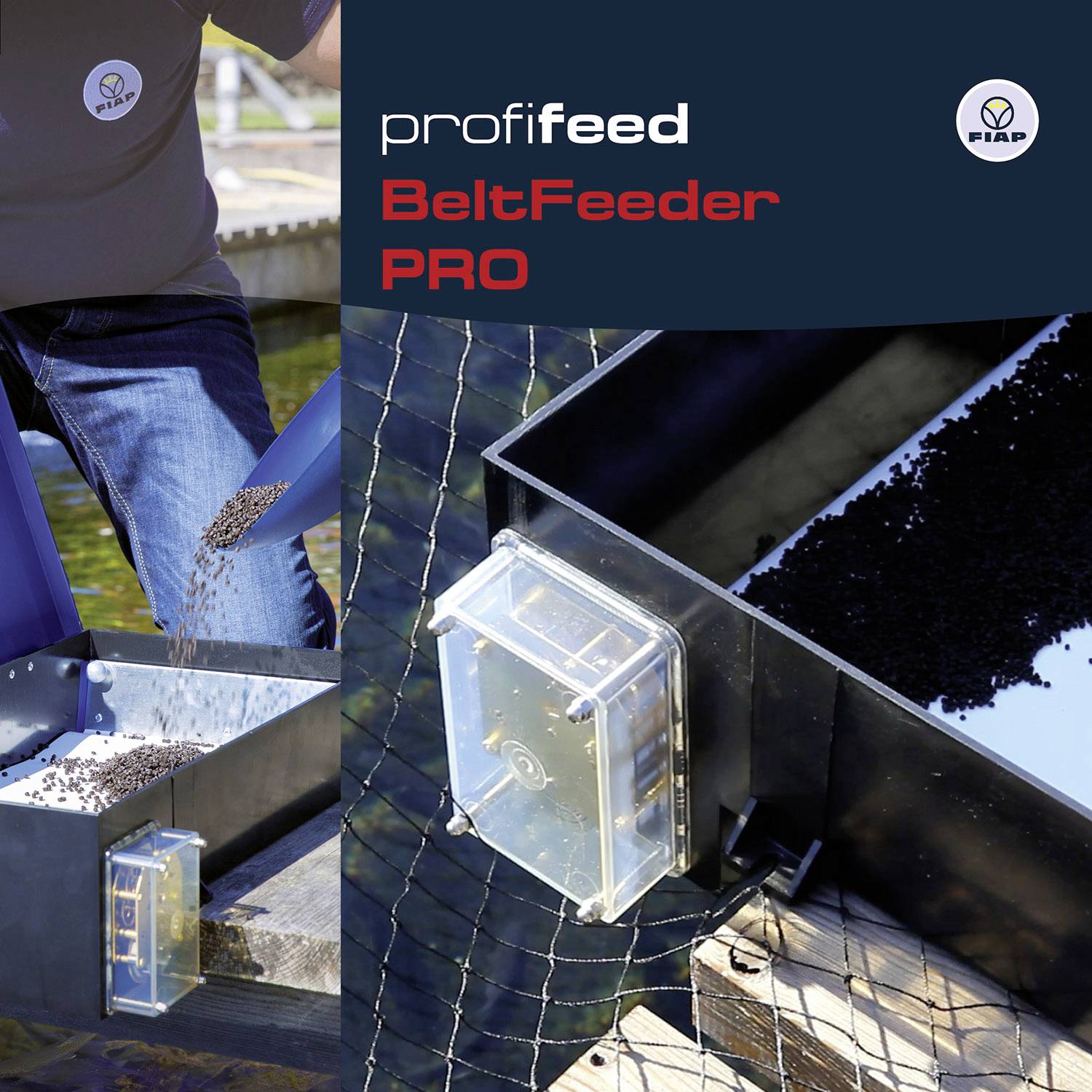 'BeltFeeder PRO' de Profifeed ; Appareil pour l'alimentation dans les bassins. Un gros plan montre le réservoir d'alimentation et une personne en train de le remplir.