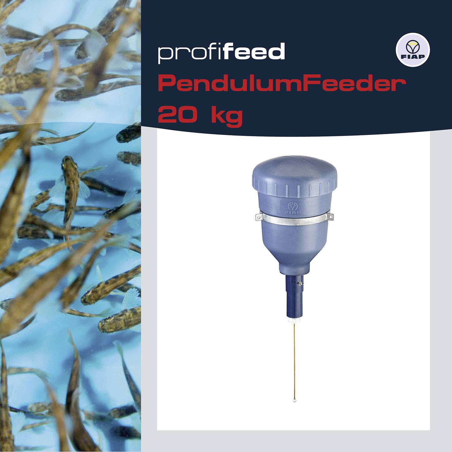 Système d'alimentation PendulumFeeder, capacité de 20 kg, représenté à côté d'une image de poissons nageant sous l'eau.