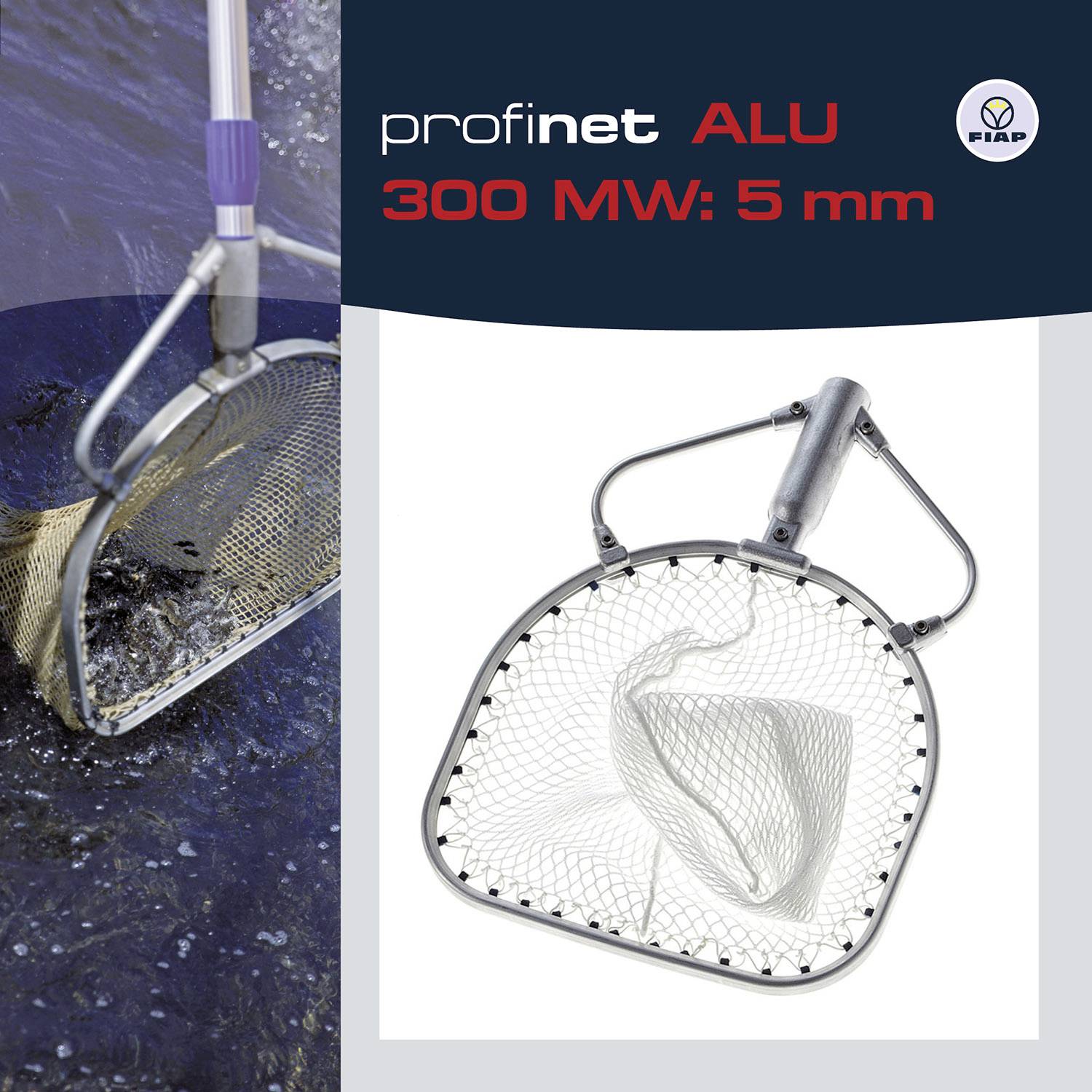 Épuisette dans l'eau avec un poisson, à côté une photo de produit de l'épuisette avec le texte : 'profinet ALU 300 MW : 5 mm'.