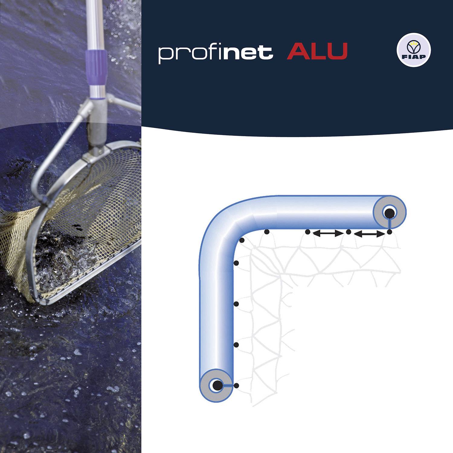 Image du produit 'Profinet Alu' : Détail d'une épuisette dans l'eau avec le logo de la marque. Un diagramme technique présente la disposition du réseau et le cadre en aluminium.