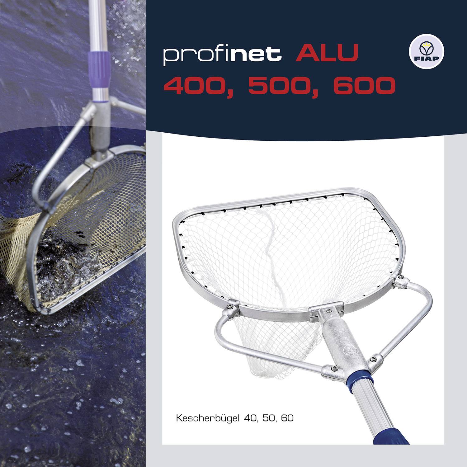 Profinet ALU 400, 500, 600 : épuisettes en utilisation aquatique. Un gros plan montre un cadre d'épuisette avec poignée et contact avec l'eau courante.