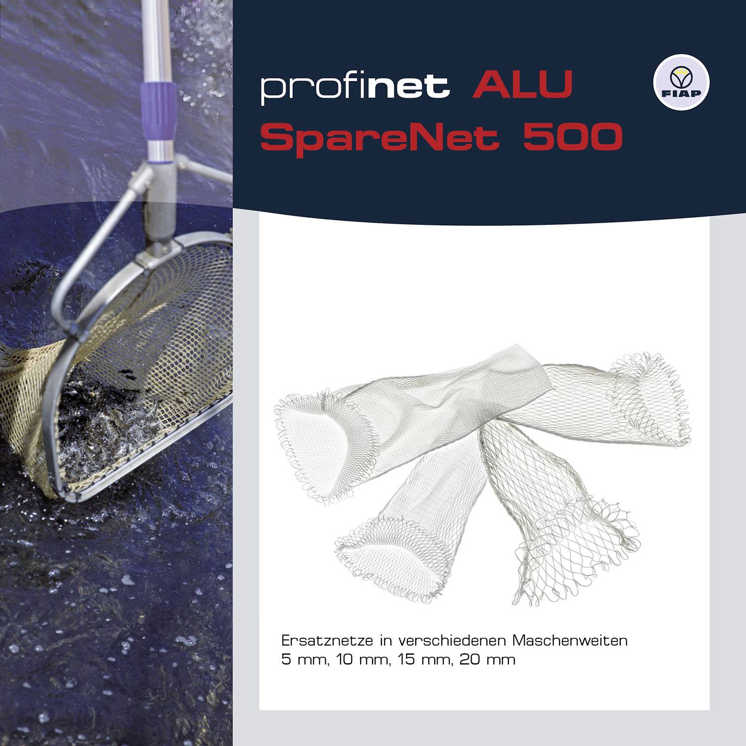 'profinet ALU SpareNet 500' - Filets de rechange sur fond sombre. Disponibles en mailles de 5 mm, 10 mm, 15 mm, 20 mm.
